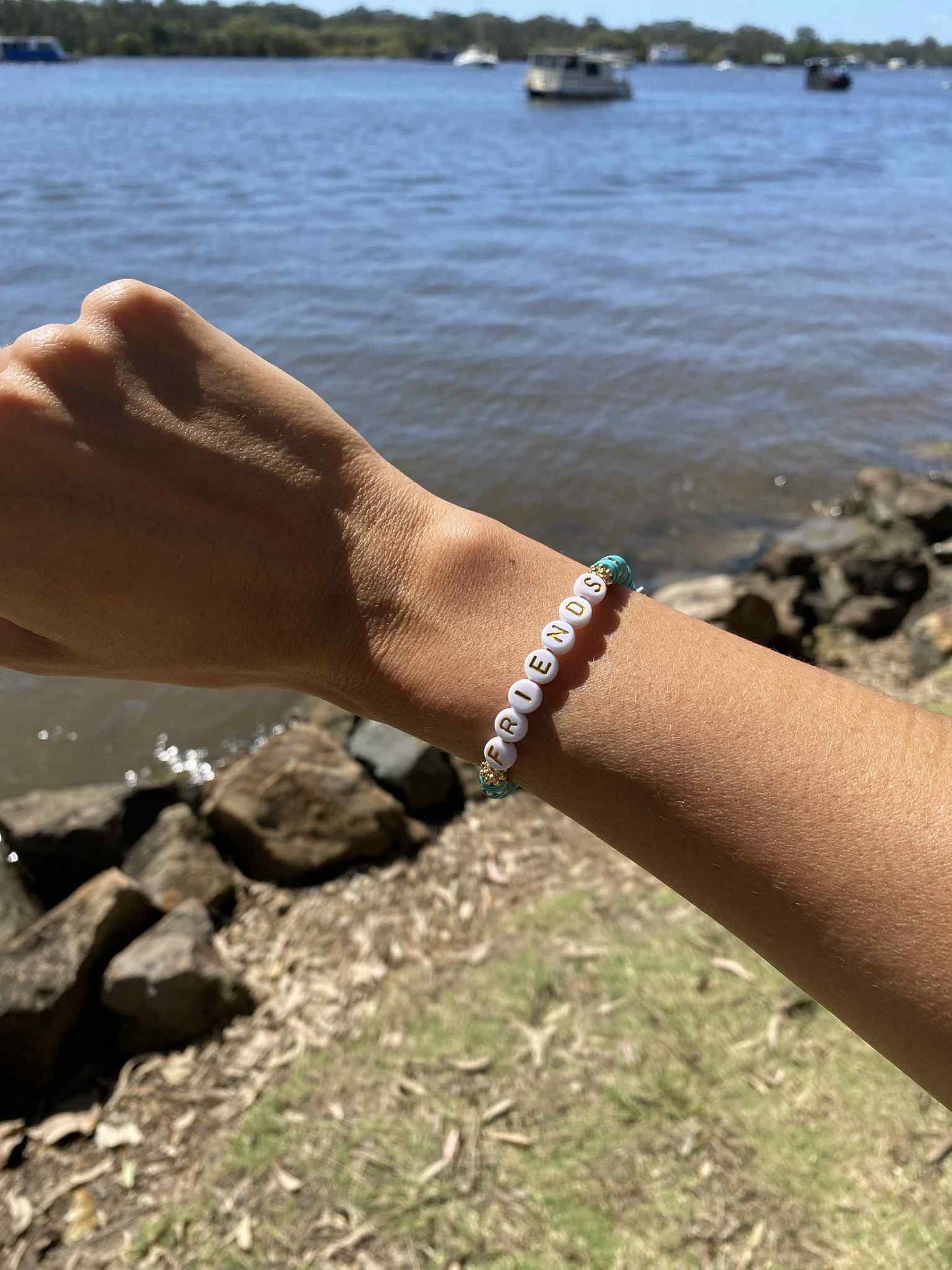 Aqua blue FRIENDS beaded stretch bracelet Romy