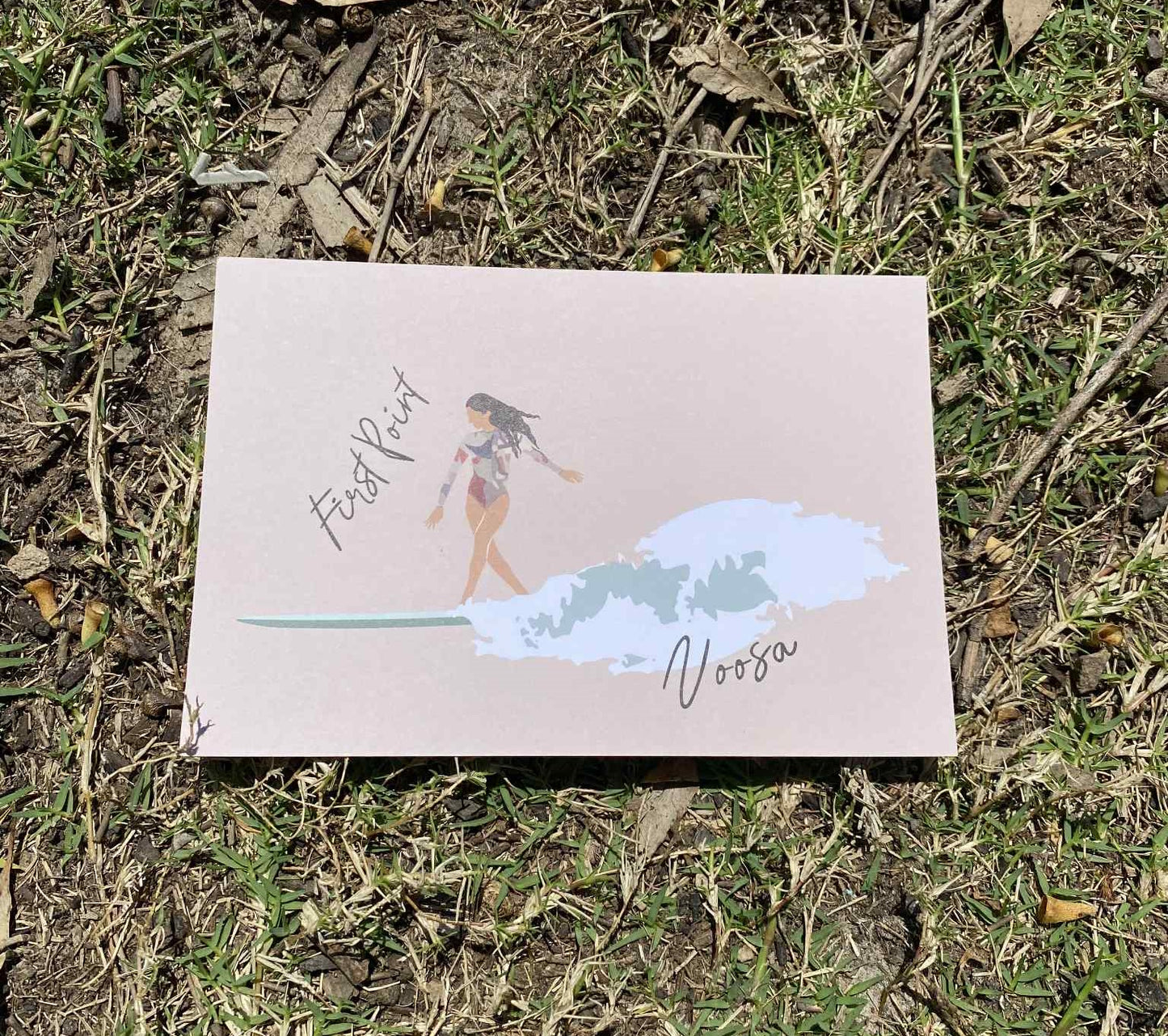 Longboarder woman, First Point Noosa, ecofriendly postcard