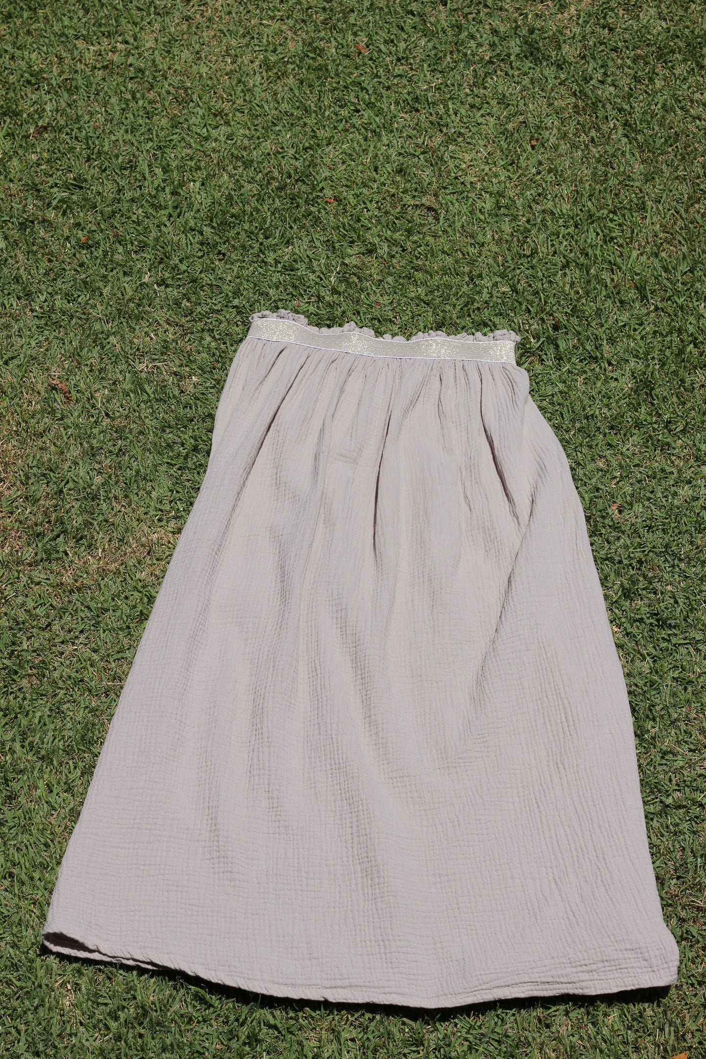 Long woman beige skirt Harriet, double cloth fabric with golden elastic