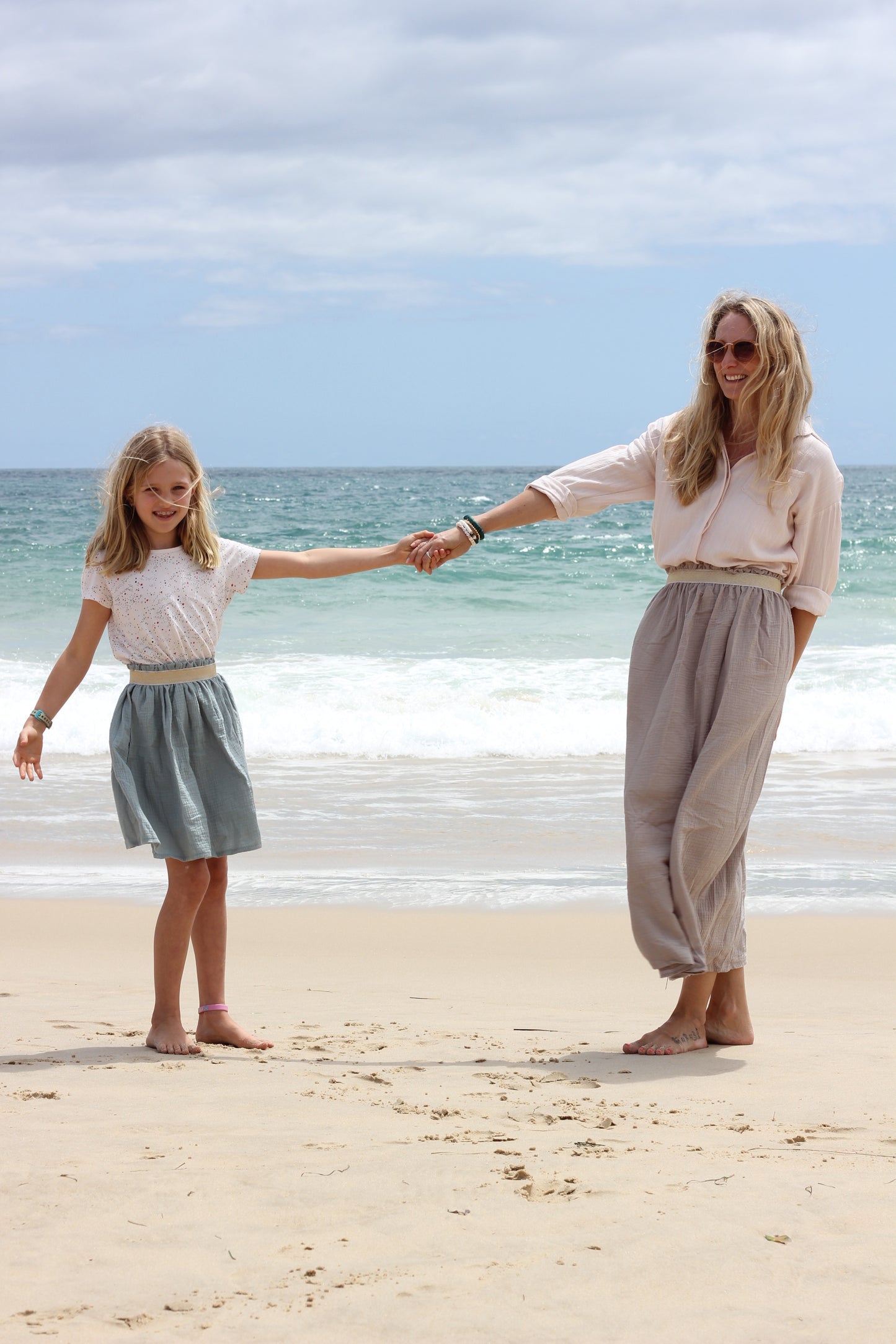 Long woman beige skirt Harriet, double cloth fabric with golden elastic