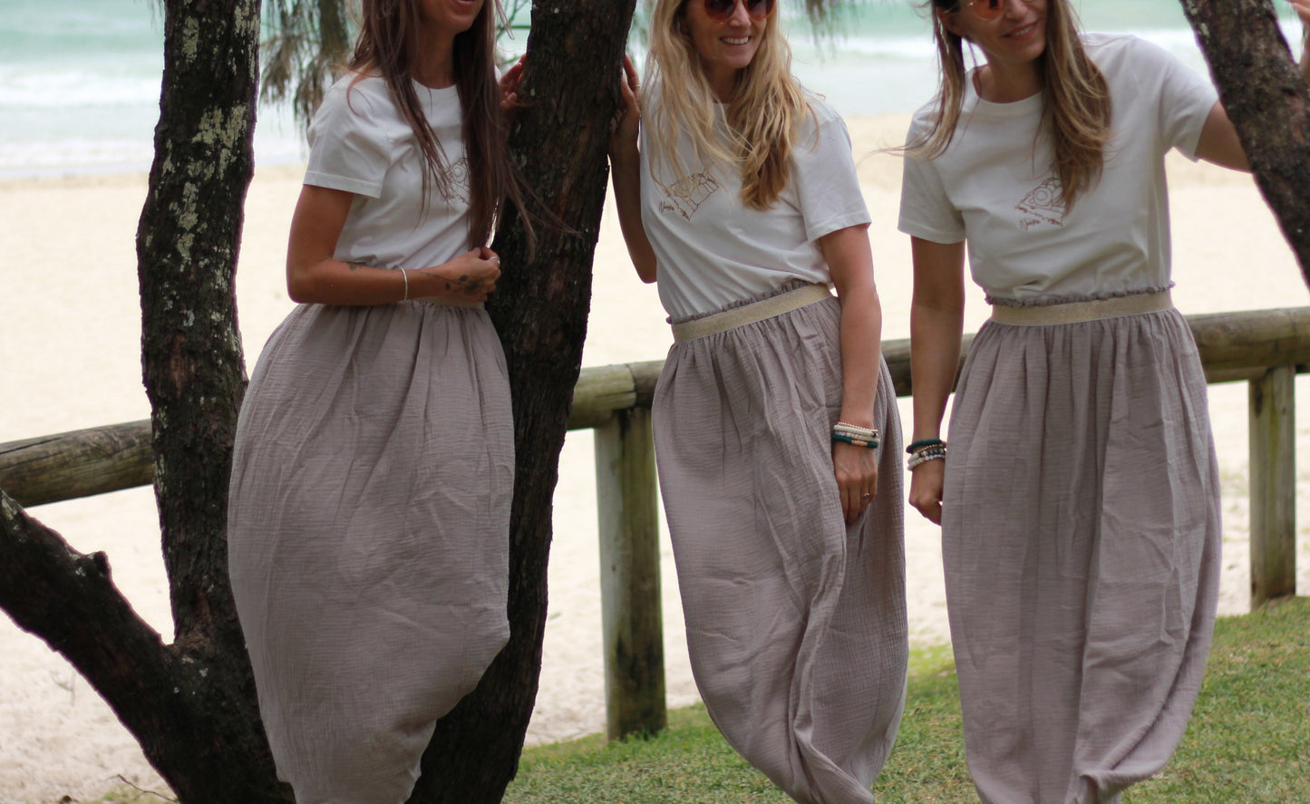 Long woman beige skirt Harriet, double cloth fabric with golden elastic