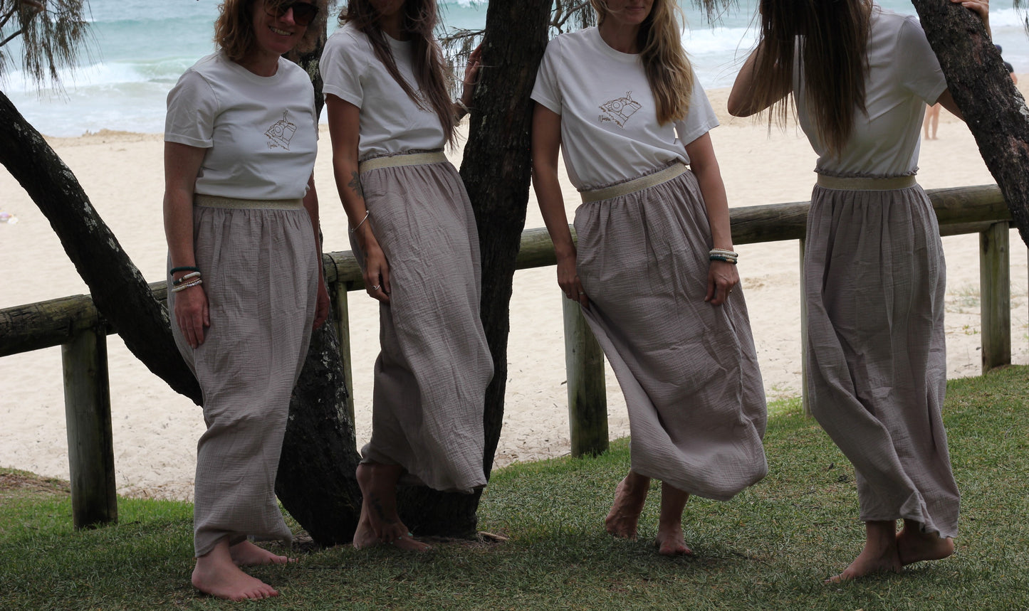 Long woman beige skirt Harriet, double cloth fabric with golden elastic