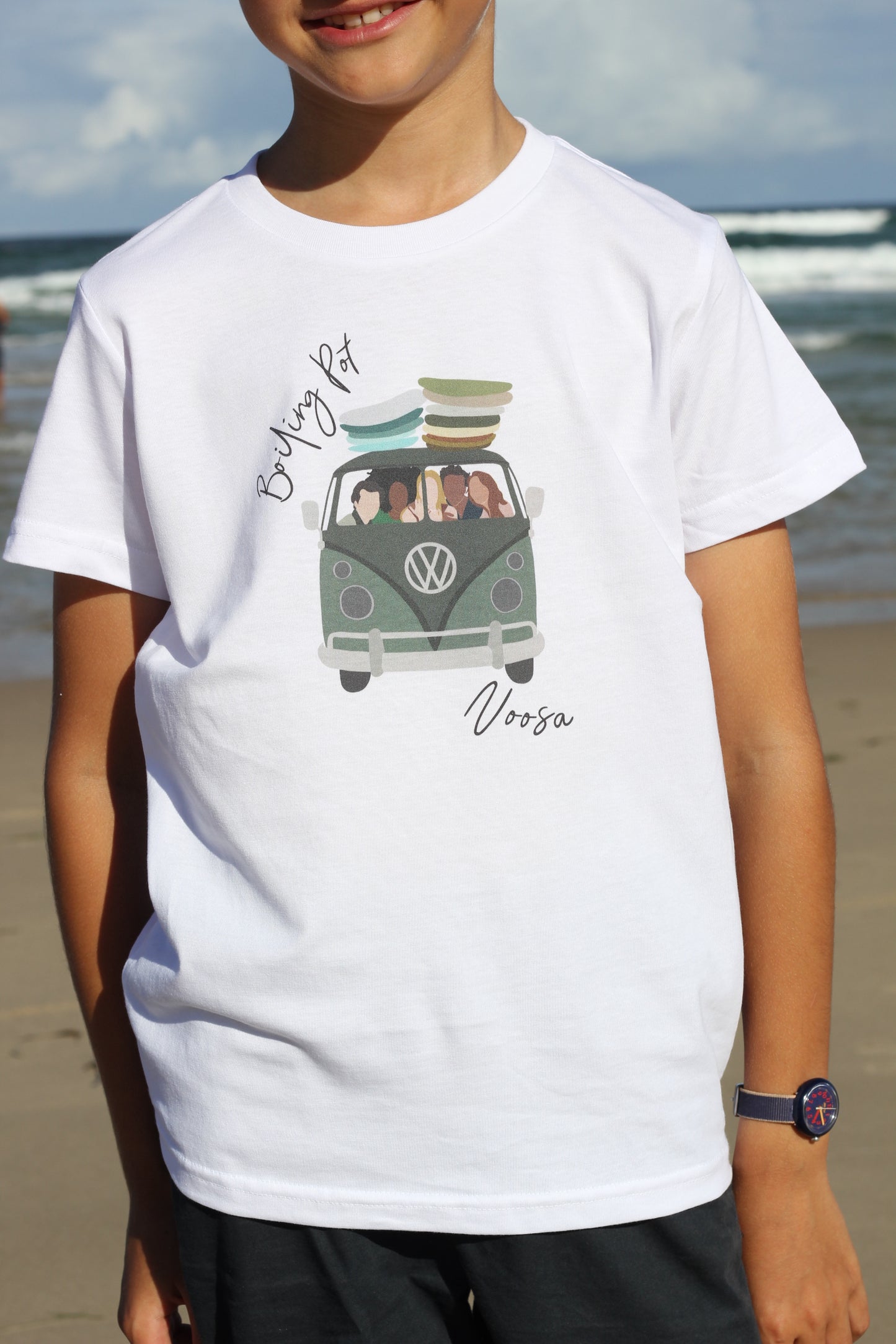Printed VW van with friends and surfboards, white cotton, Kids T-shirt, Leonard