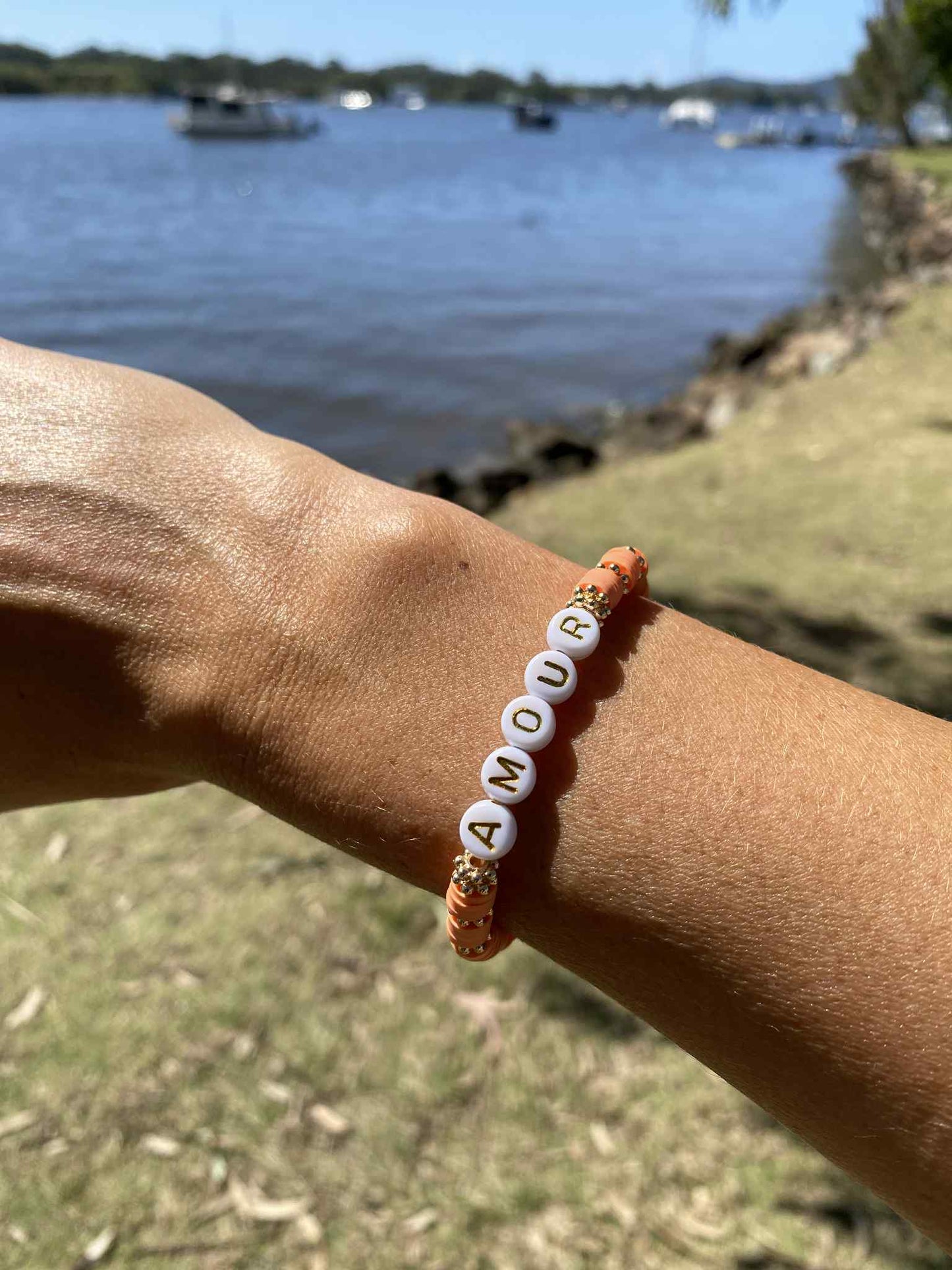 Peach pink AMOUR beaded stretch bracelet Romy
