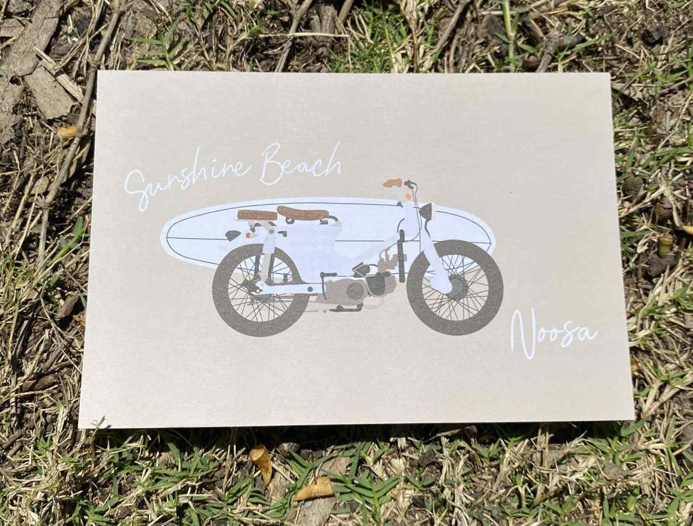 Honda with surfboard, Sunshine beach, Noosa, ecofriendly postcard