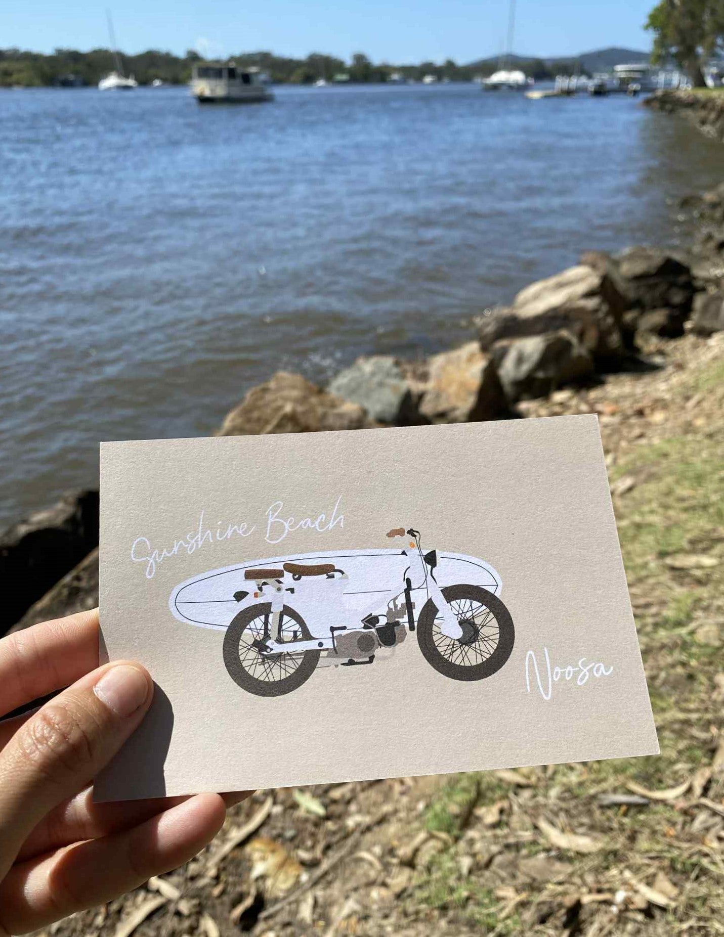 Honda with surfboard, Sunshine beach, Noosa, ecofriendly postcard