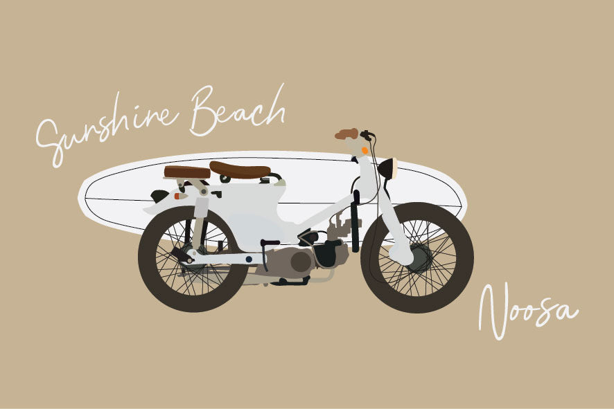 Honda with board, Sunshine beach, Noosa, ecofriendly poster A4