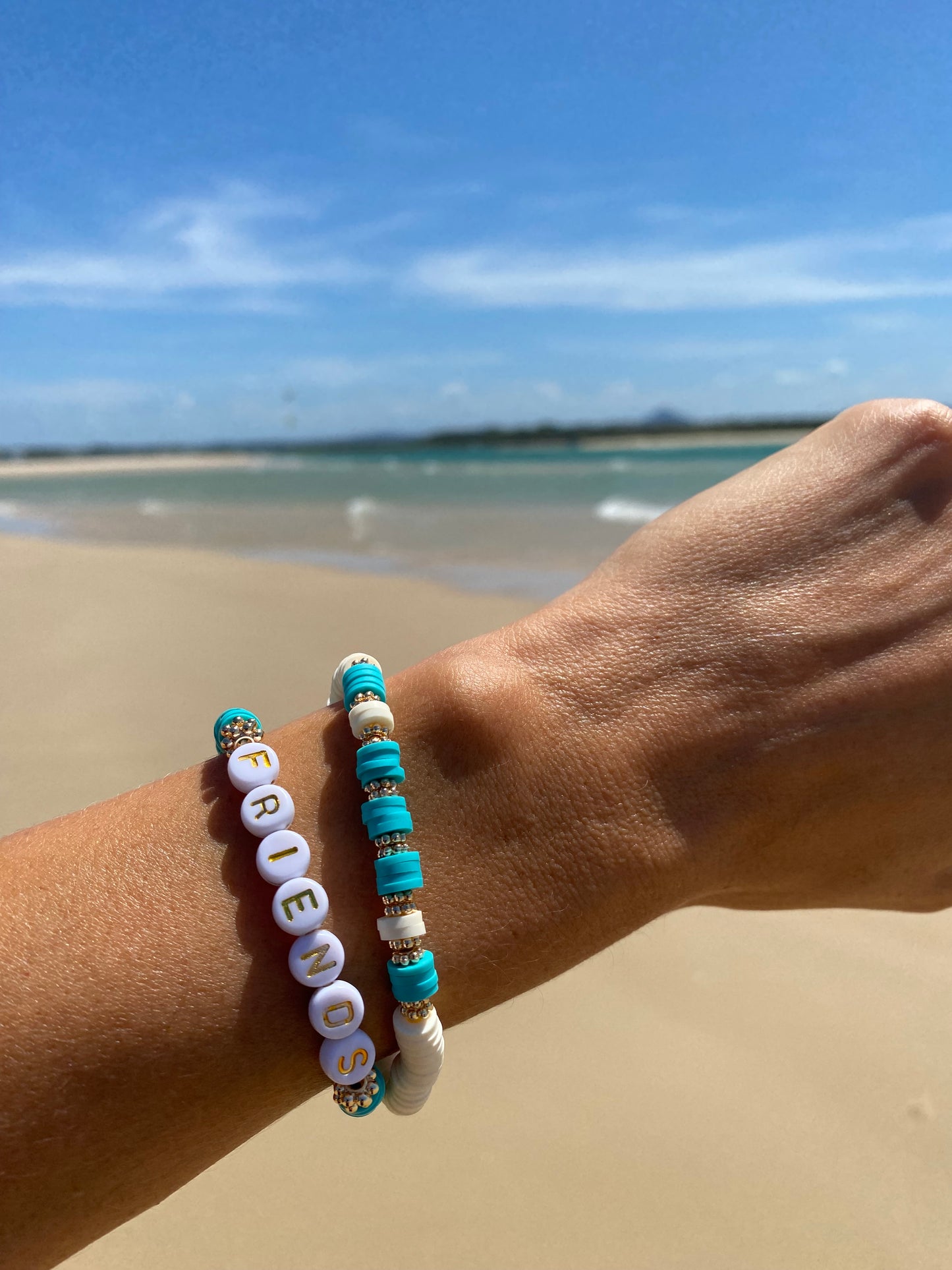 Aqua blue FRIENDS beaded stretch bracelet Romy