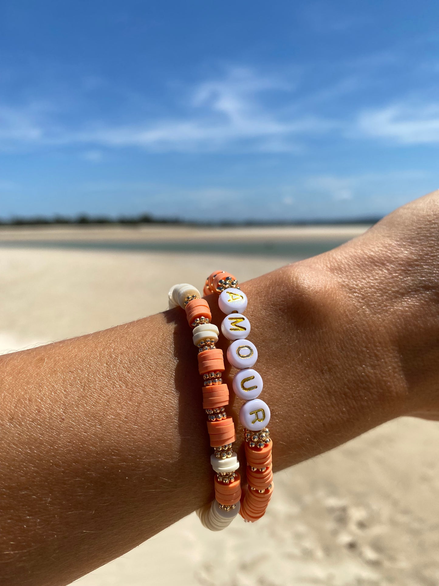 Peach pink AMOUR beaded stretch bracelet Romy