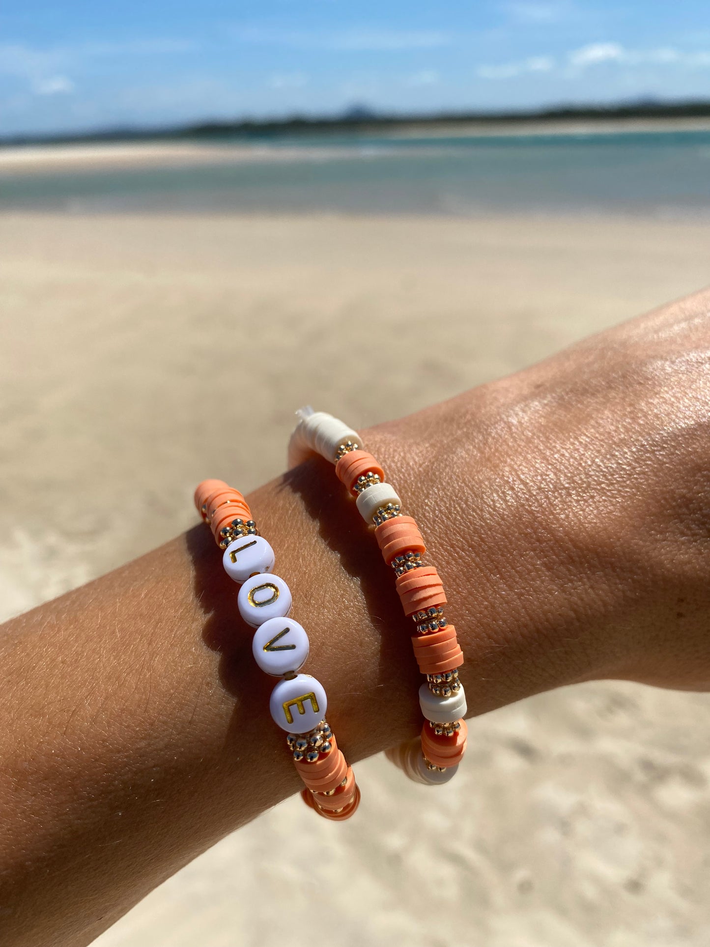 Peach pink LOVE beaded stretch bracelet Romy