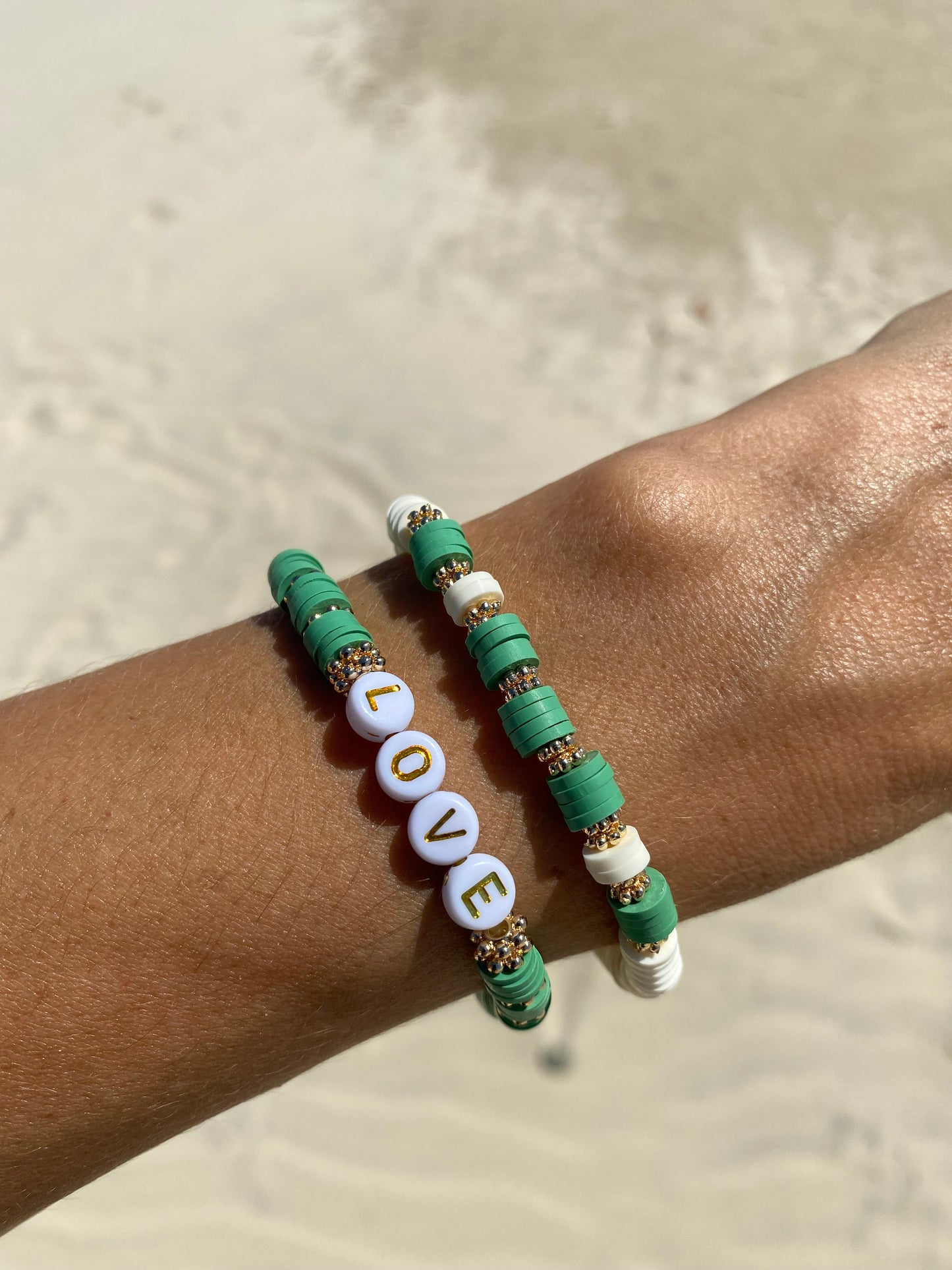 Eucalyptus green LOVE beaded stretch bracelet Romy