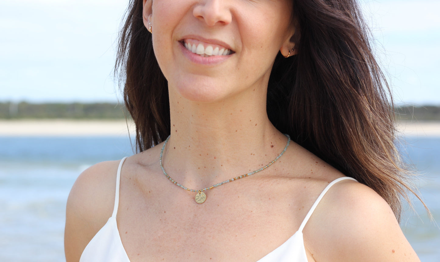 Golden “aqua”, bright blue necklace Alba