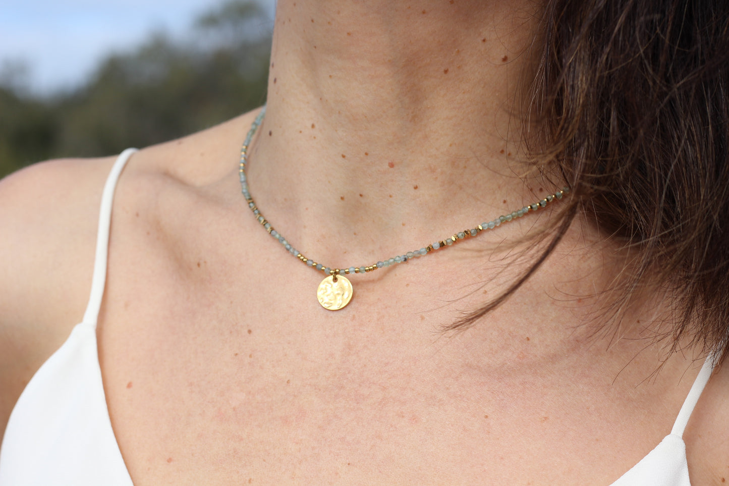 Golden “aqua”, bright blue necklace Alba
