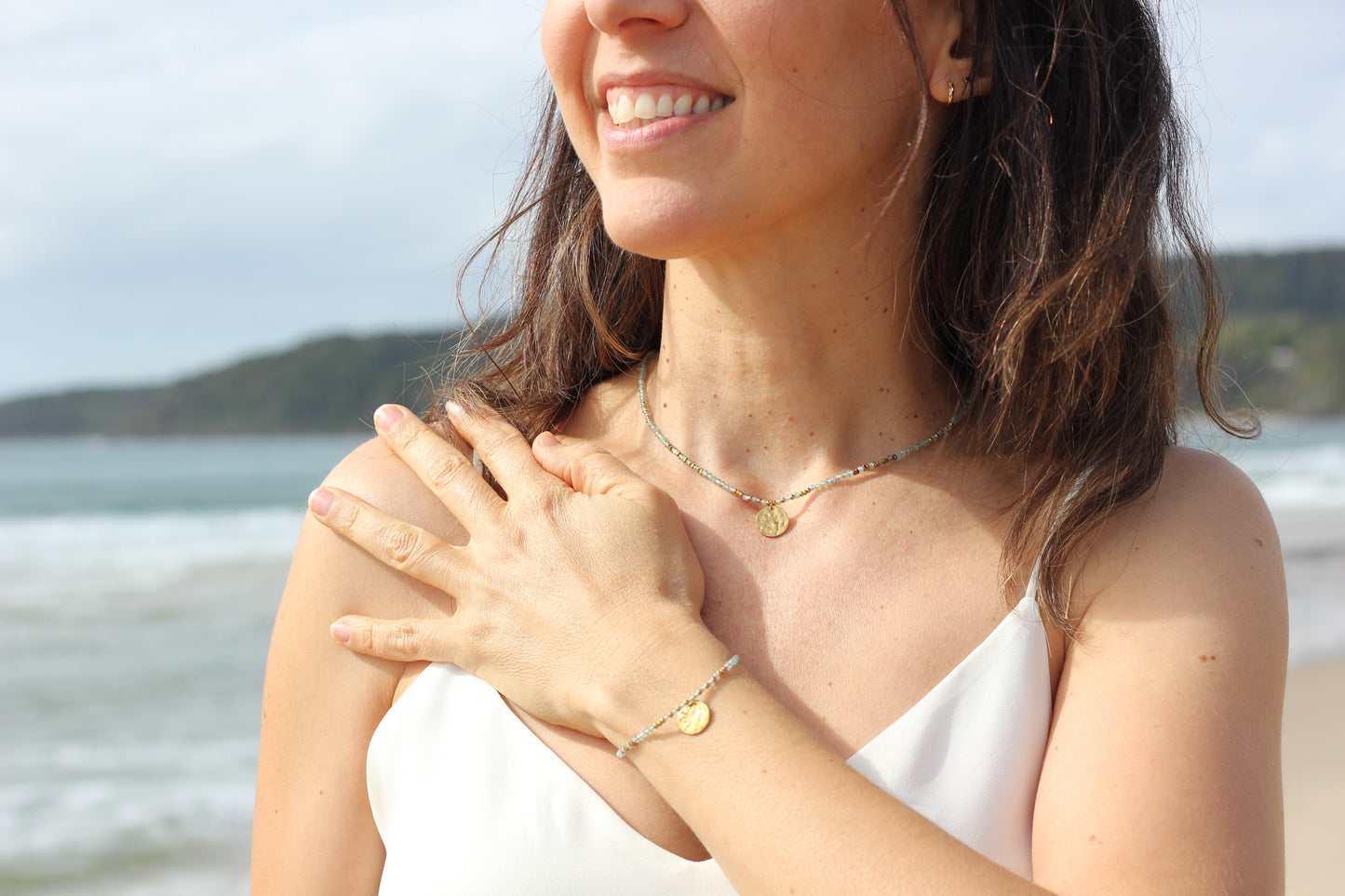Golden “aqua”, bright blue necklace Alba