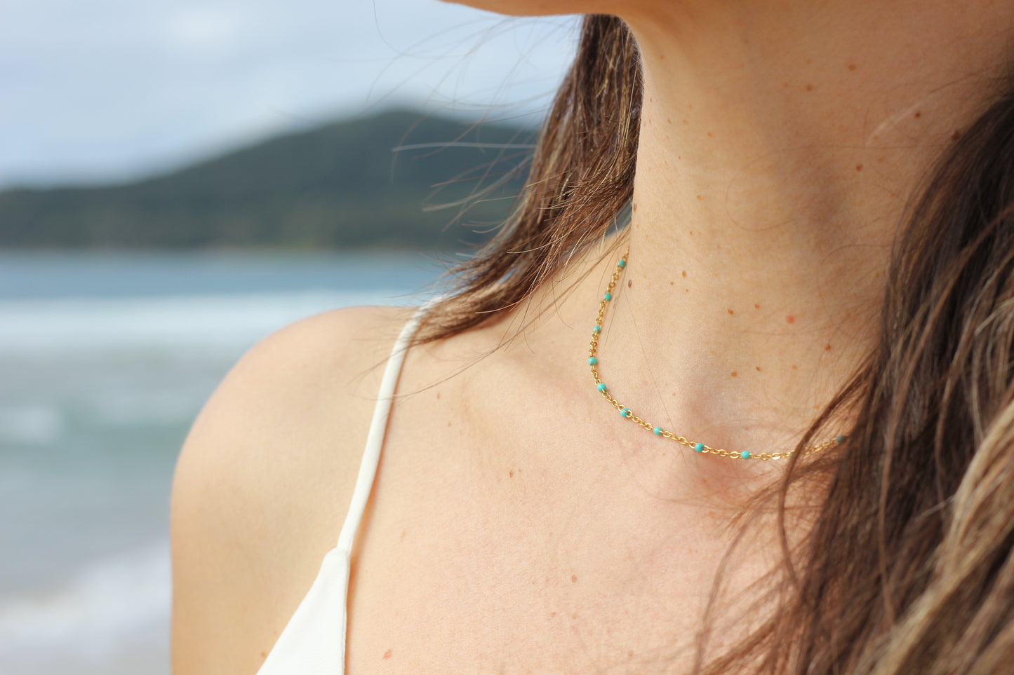 Golden light blue beaded choker Grace