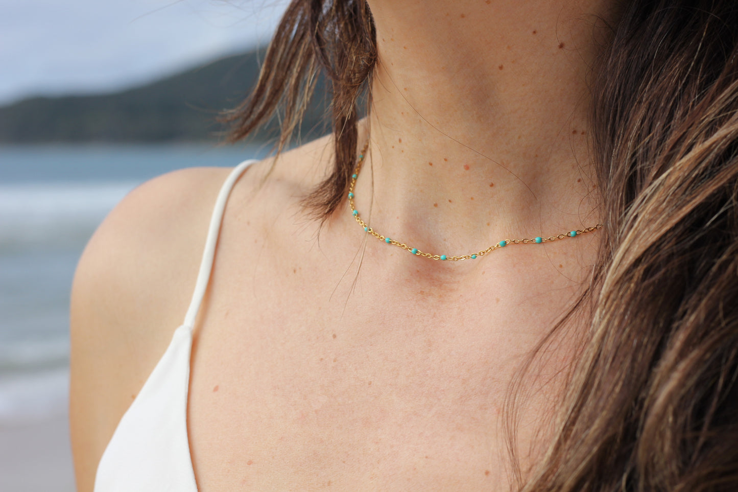 Golden light blue beaded choker Grace