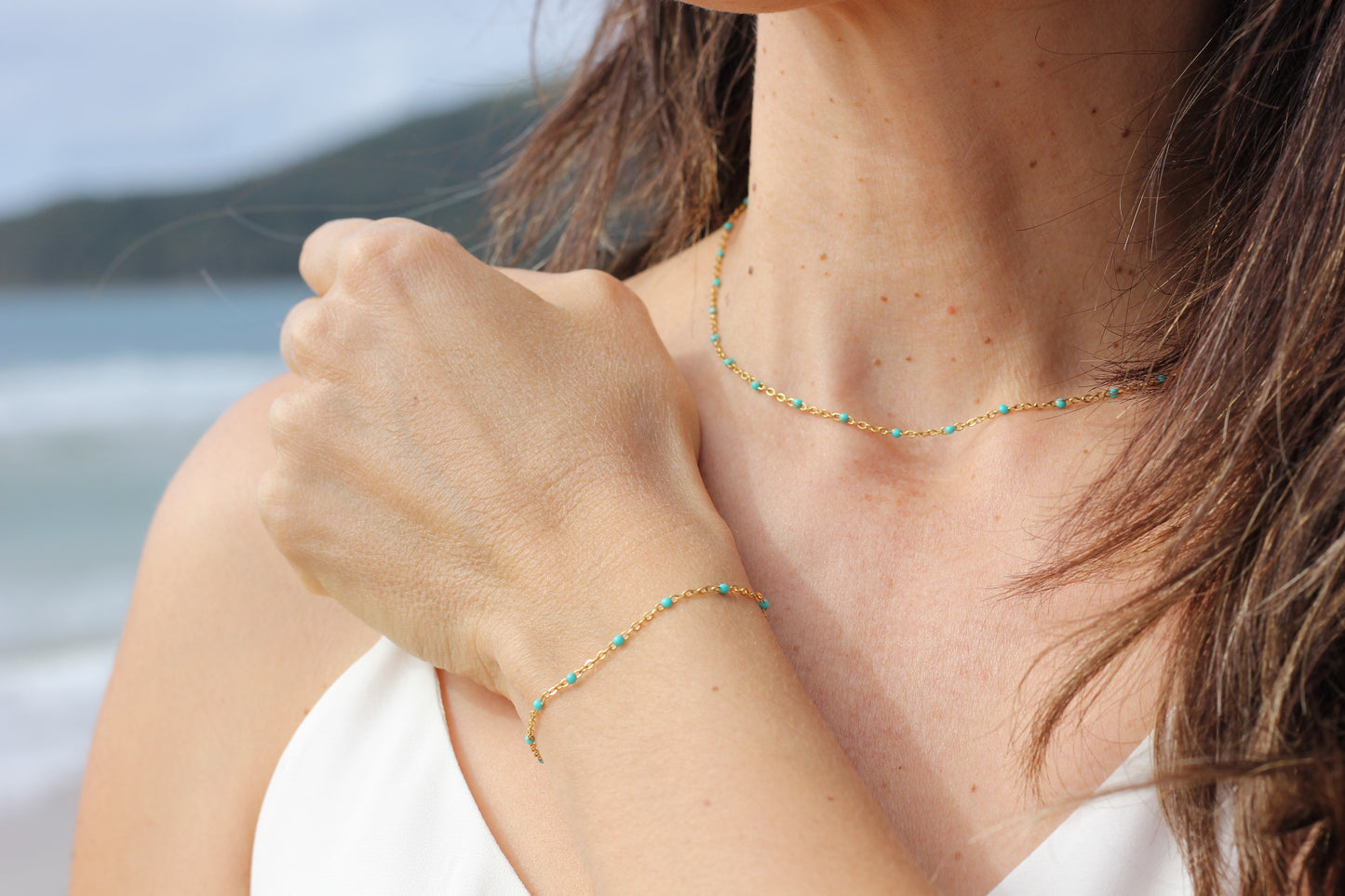 Golden light blue beaded choker Grace