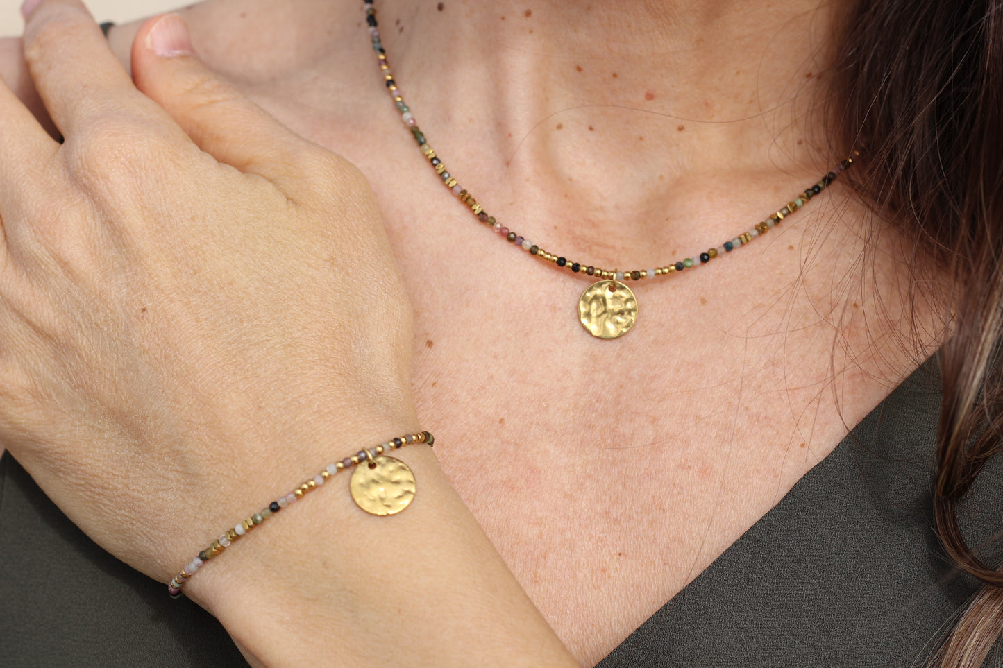 Golden “storm”, black and pink necklace Alba