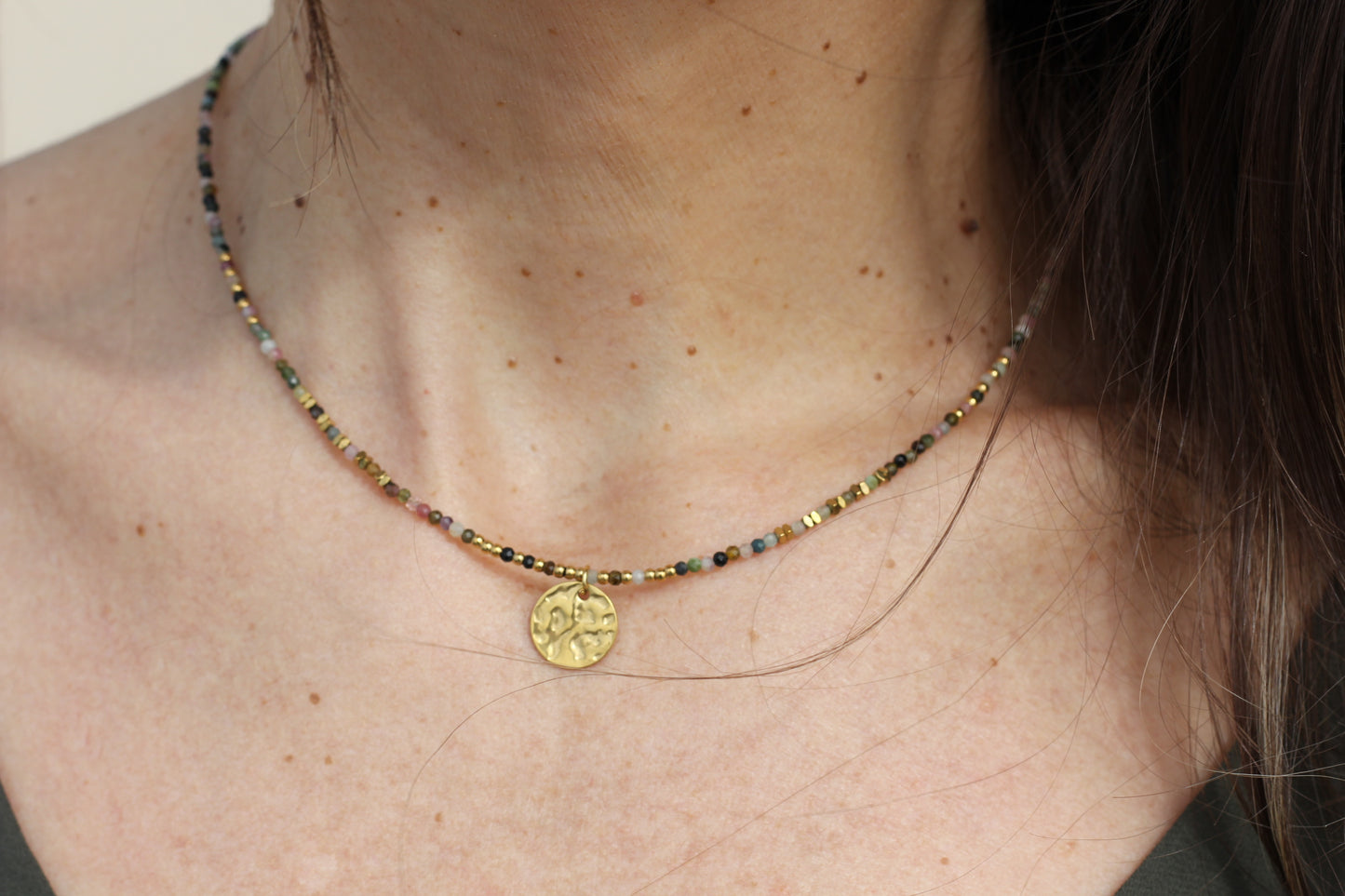Golden “storm”, black and pink necklace Alba