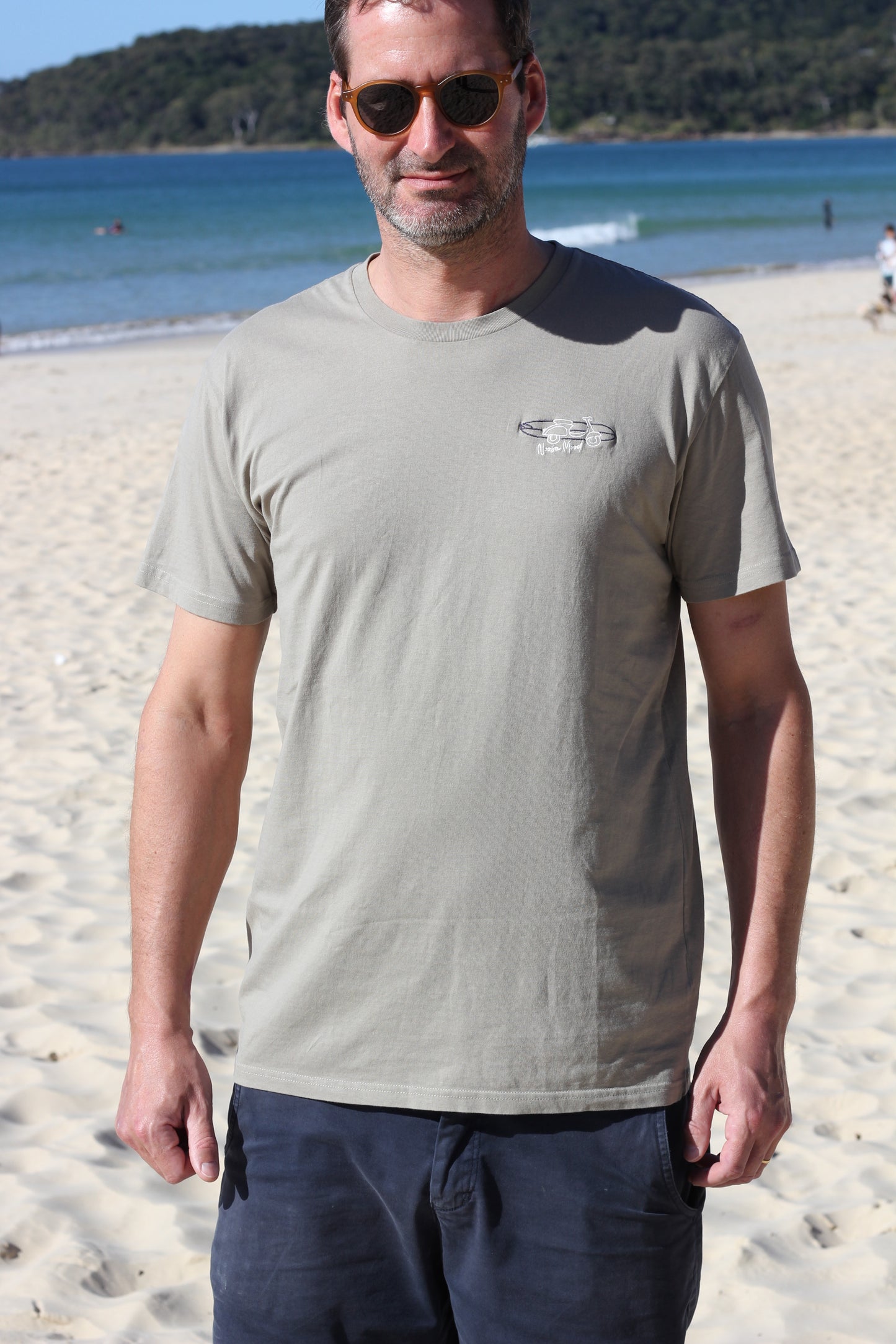 Embroidered Vespa with longboard, green cotton Man T-shirt, Theodore