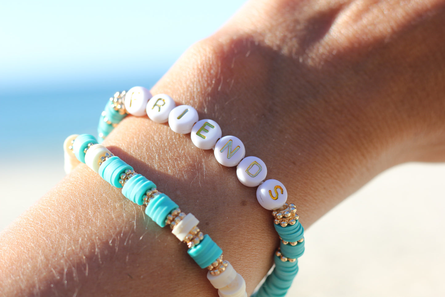 Aqua blue FRIENDS beaded stretch bracelet Romy