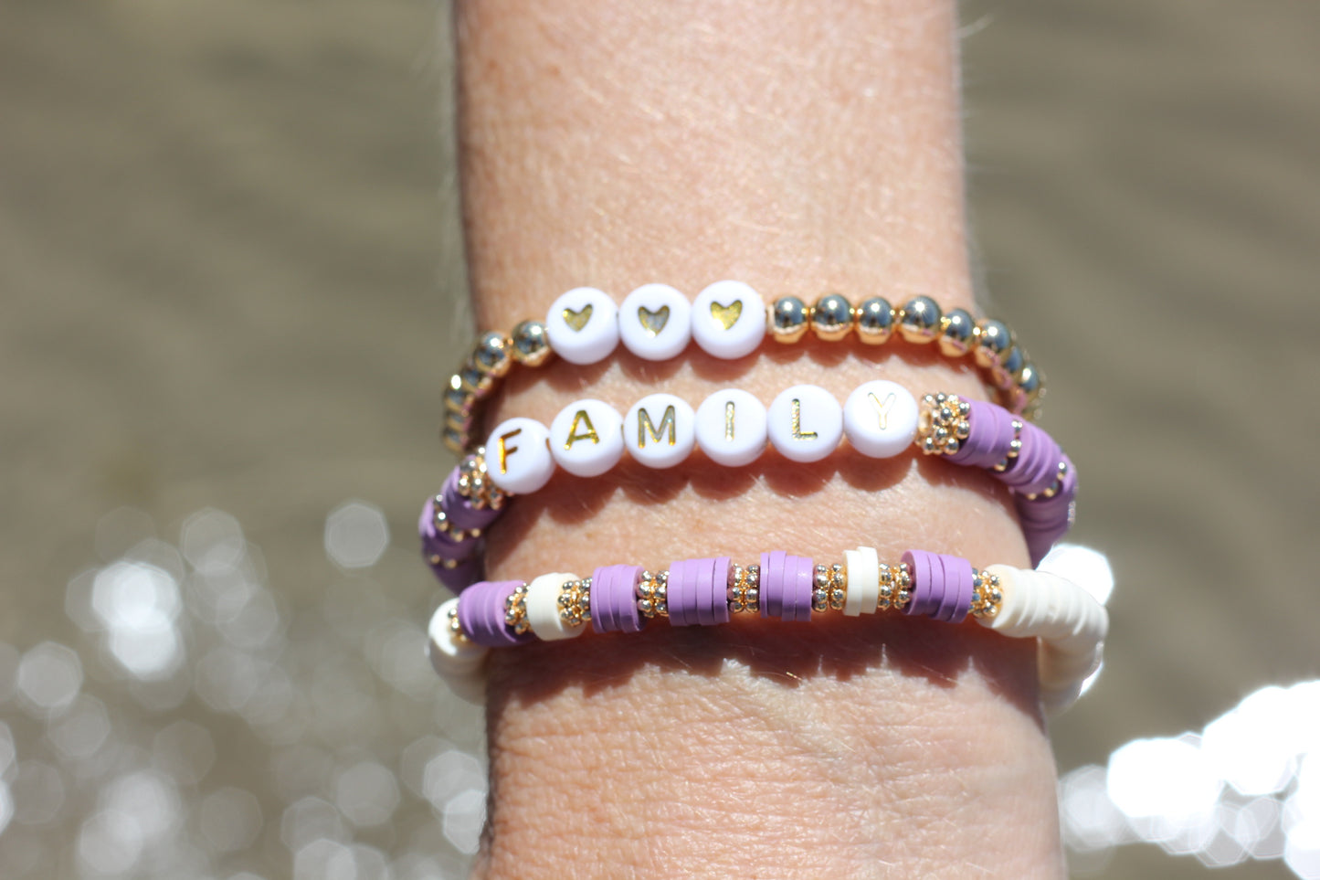 Lilac purple and white beaded stretch bracelet Romy