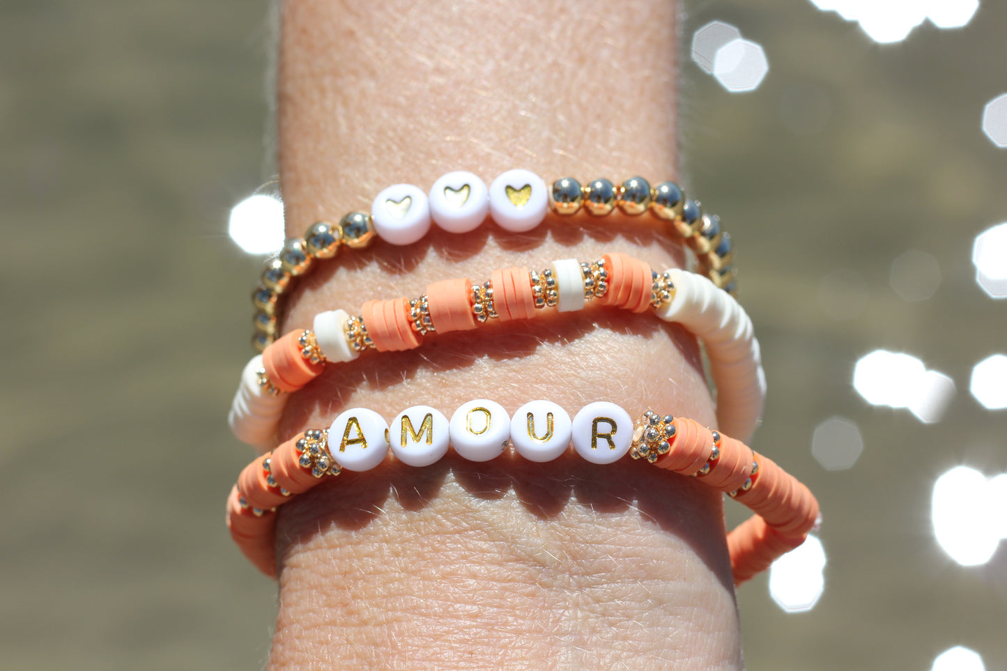 Peach pink and white beaded stretch bracelet Romy