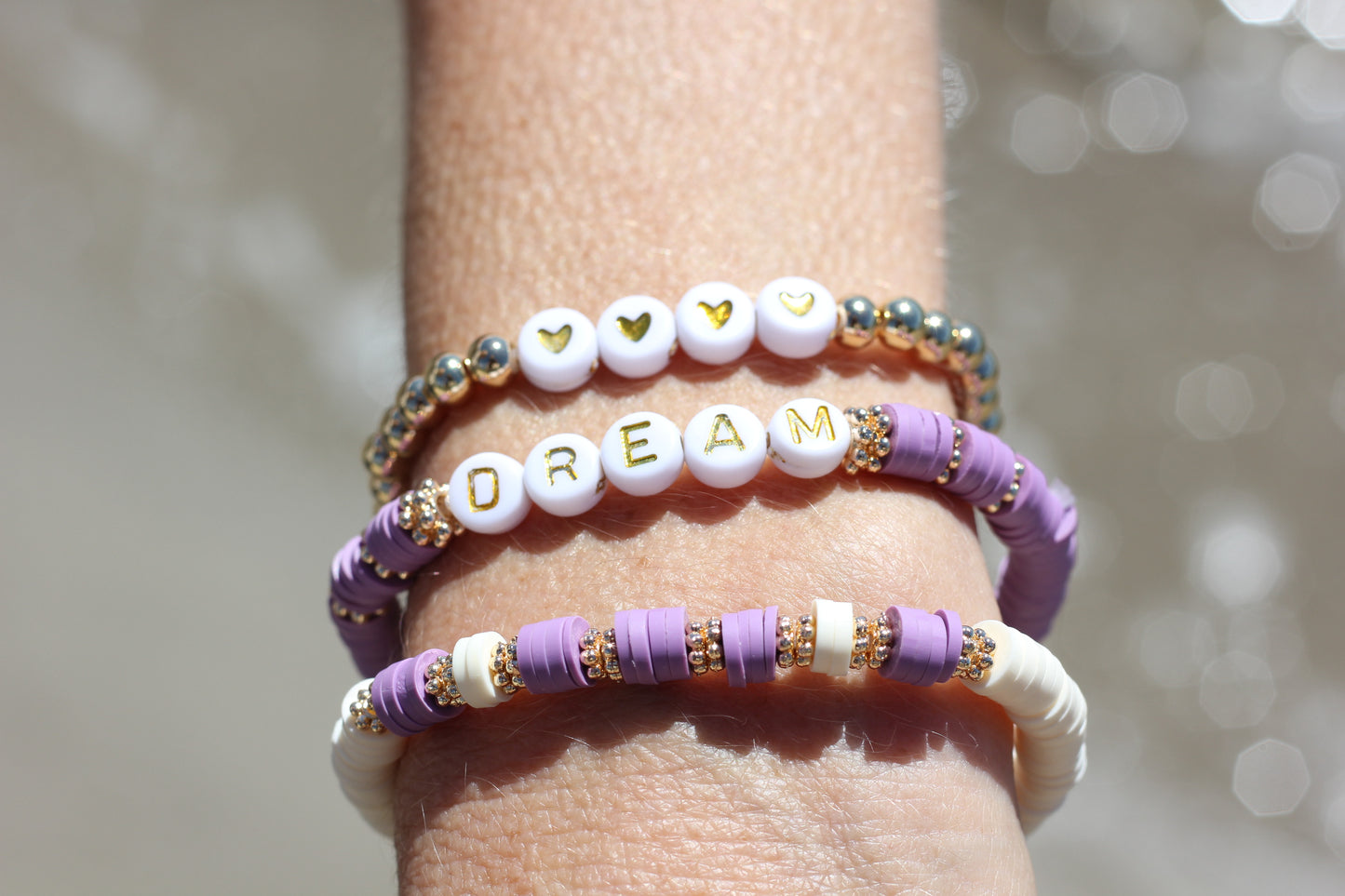 Lilac purple and white beaded stretch bracelet Romy