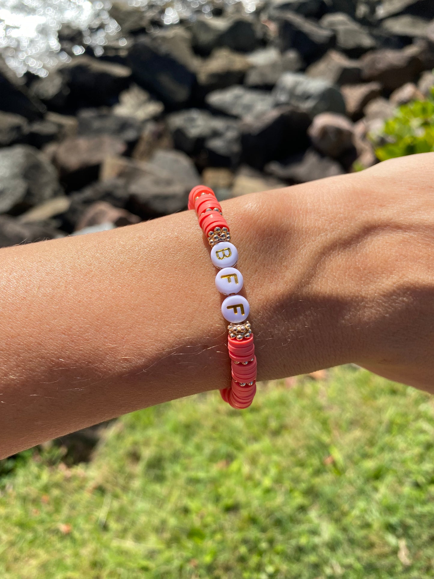 Strawberry pink BFF beaded stretch bracelet Romy