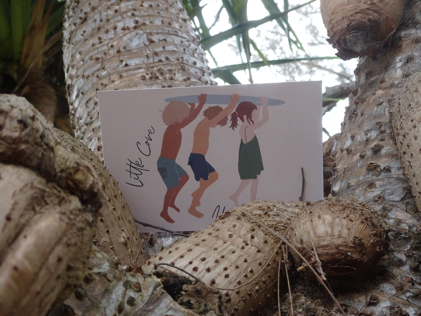 Kids with board, Little Cove Noosa, ecofriendly postcard