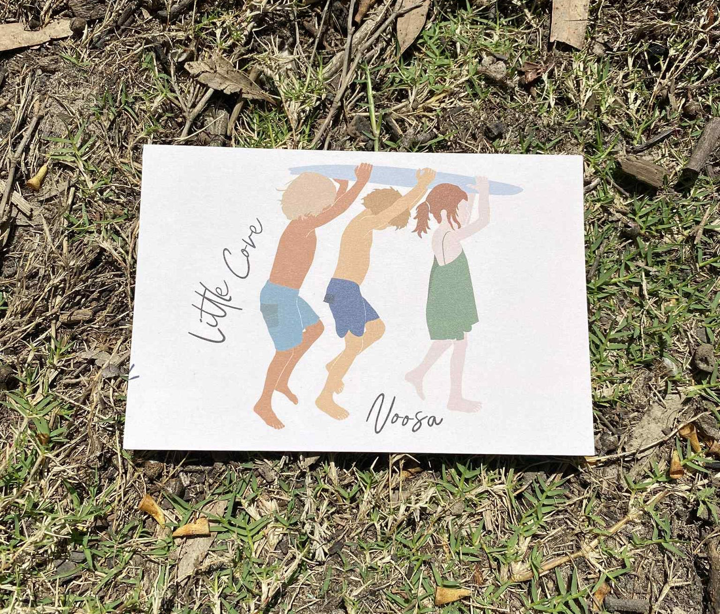 Kids with board, Little Cove Noosa, ecofriendly postcard