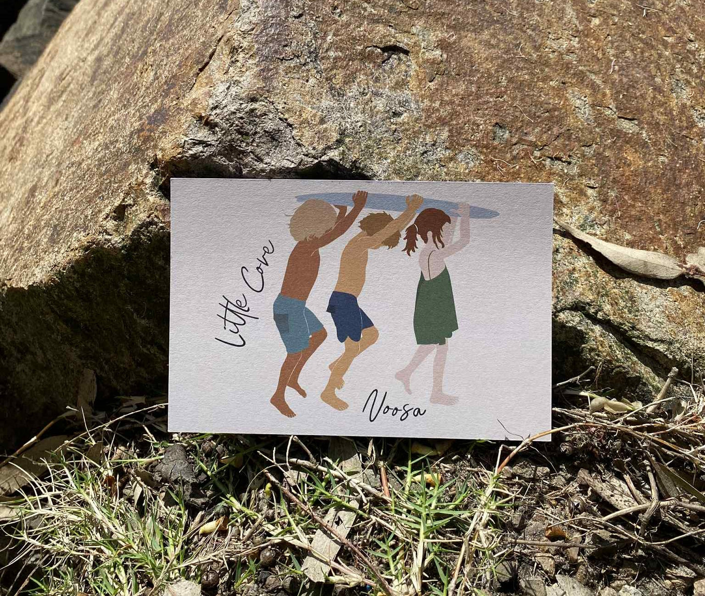 Kids with board, Little Cove Noosa, ecofriendly postcard
