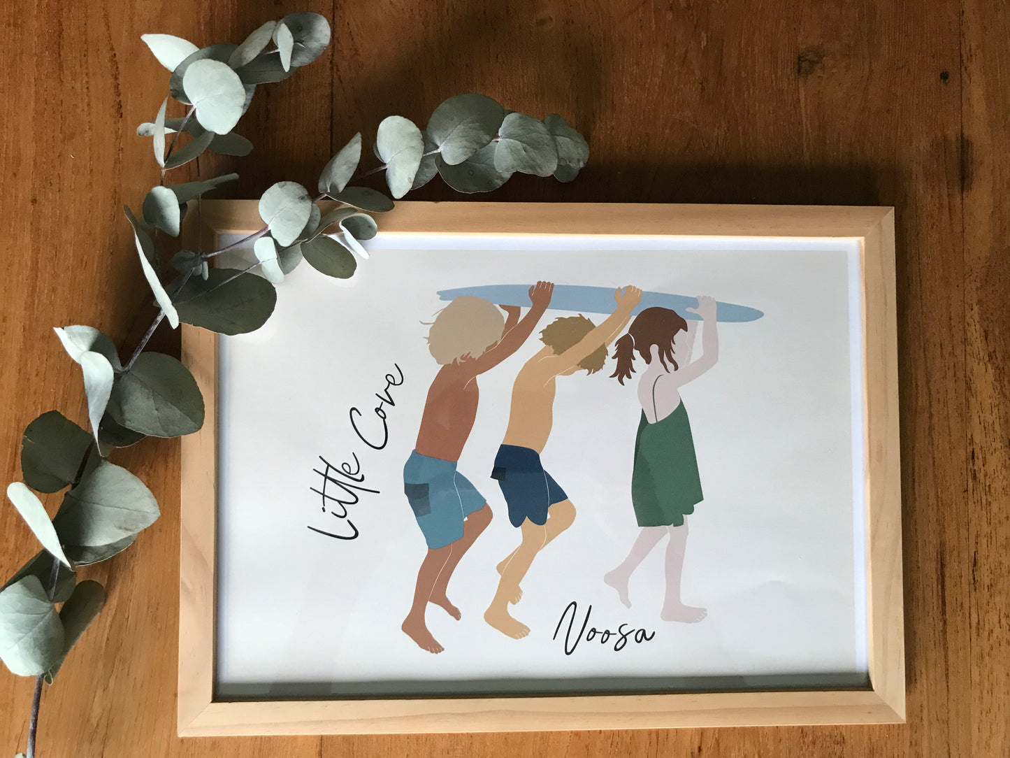 Kids with board, The Groyne Noosa, ecofriendly poster A4