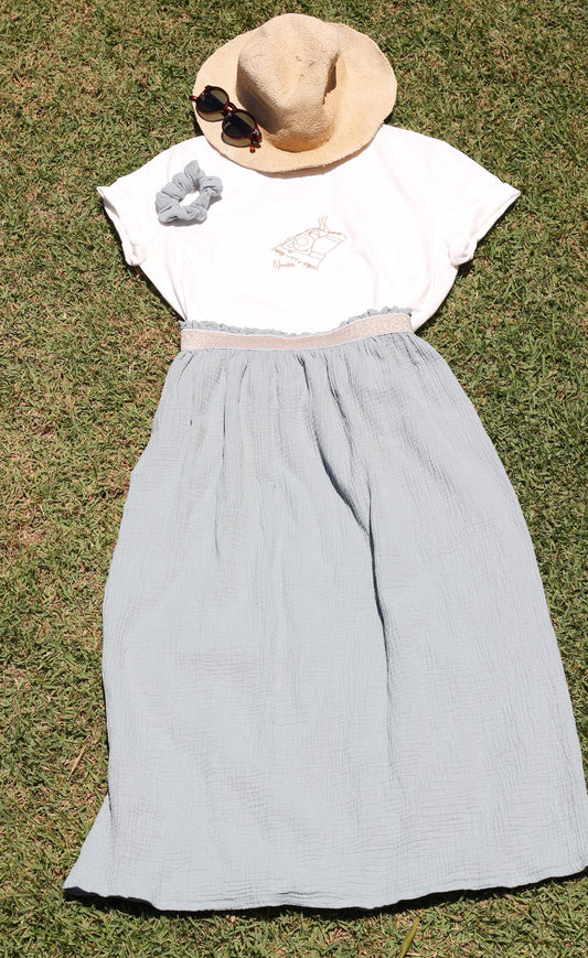 Long woman “Light eucalyptus green” skirt Harriet, double cloth fabric with golden elastic