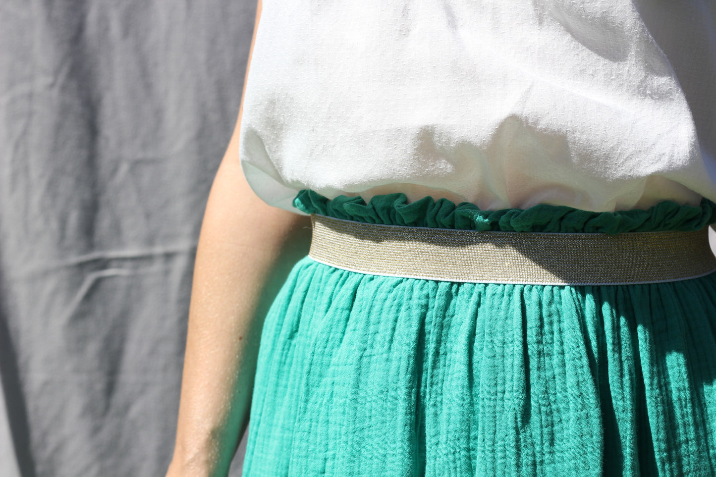 Long woman bright green skirt Harriet, double cloth fabric with golden elastic