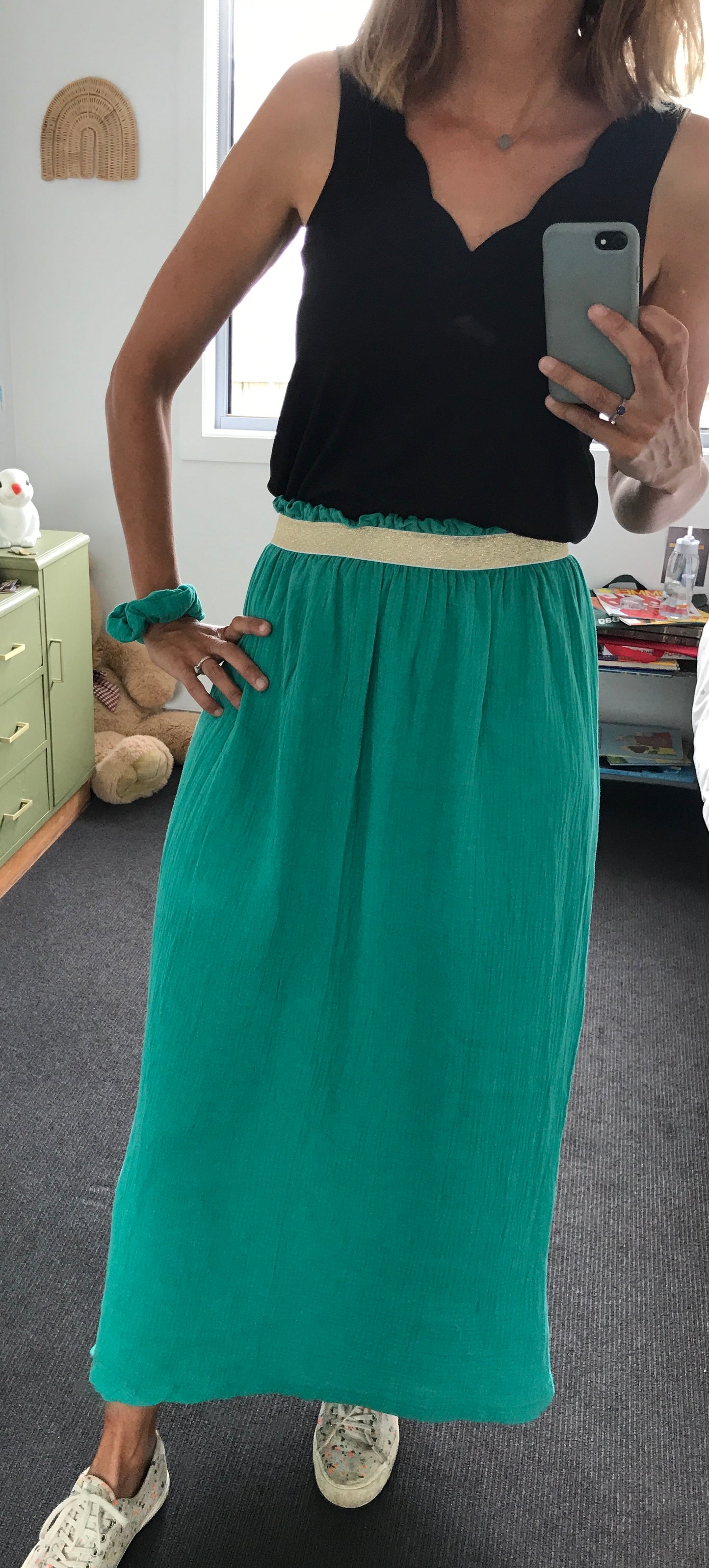 Long woman bright green skirt Harriet, double cloth fabric with golden elastic