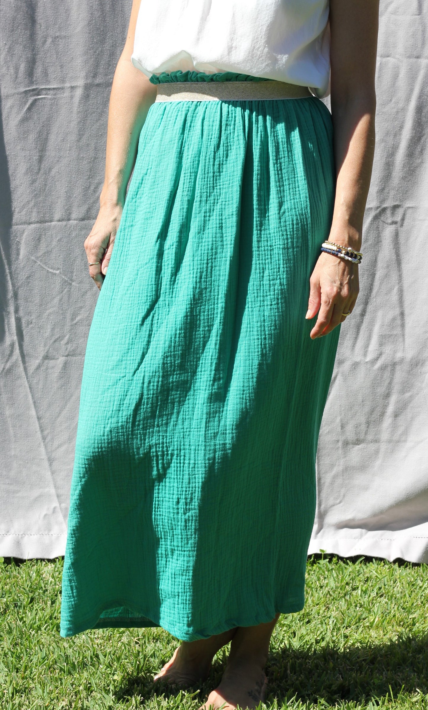 Long woman bright green skirt Harriet, double cloth fabric with golden elastic
