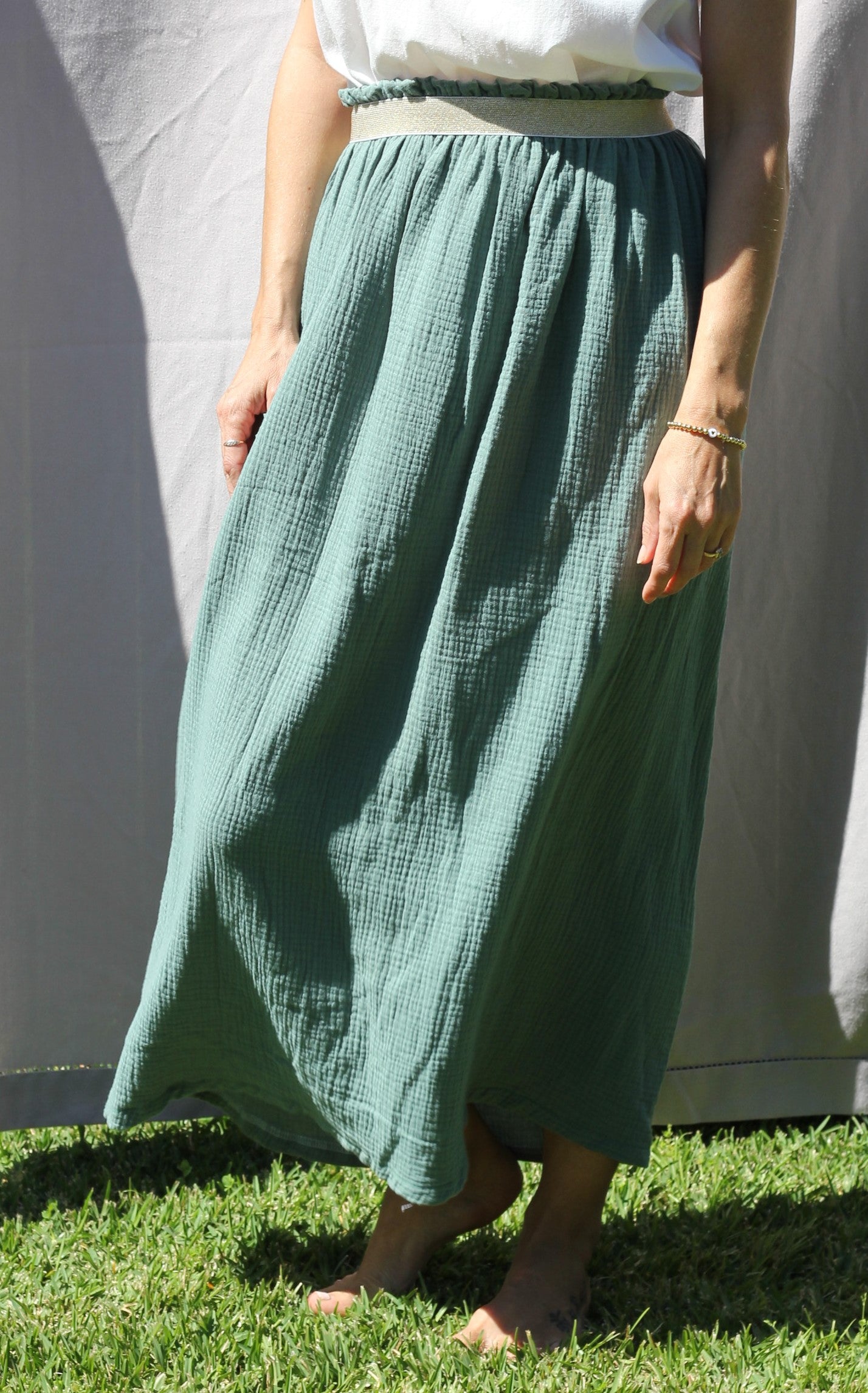 Long woman “dark eucalyptus green” skirt Harriet, double cloth fabric with golden elastic