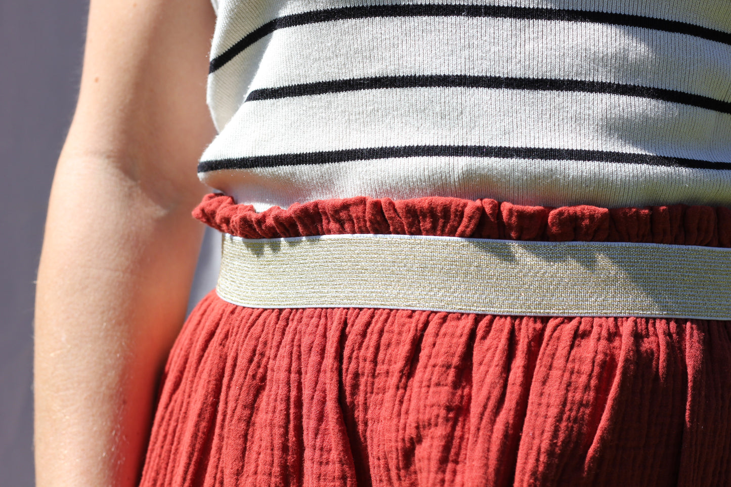 Midi woman ochre red skirt Harriet, double cloth fabric with golden elastic