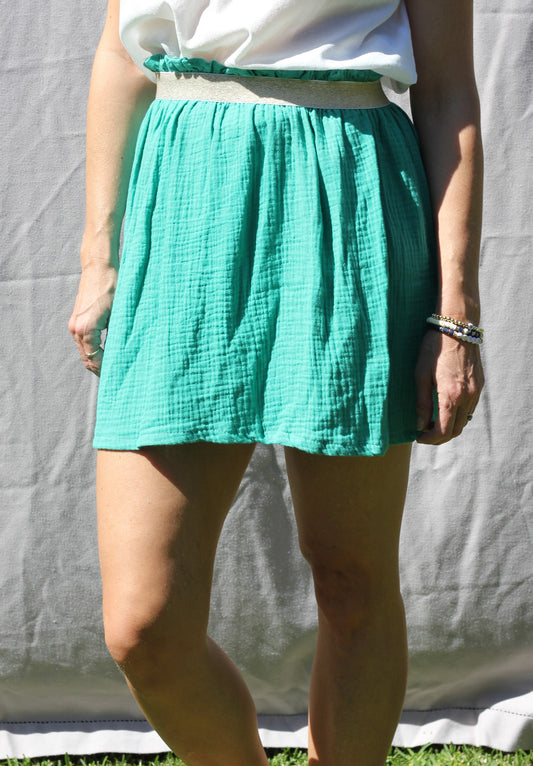 Short woman bright green skirt Harriet, double cloth fabric with golden elastic