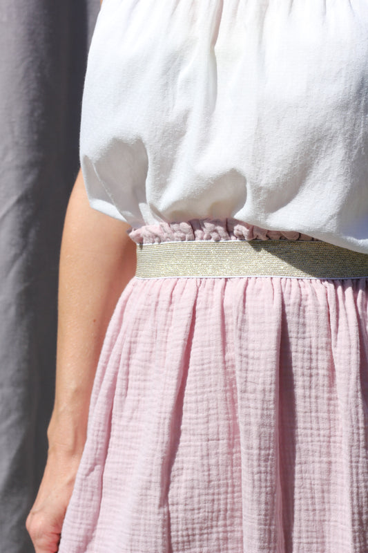 Short woman light pink skirt Harriet, double cloth fabric with golden elastic