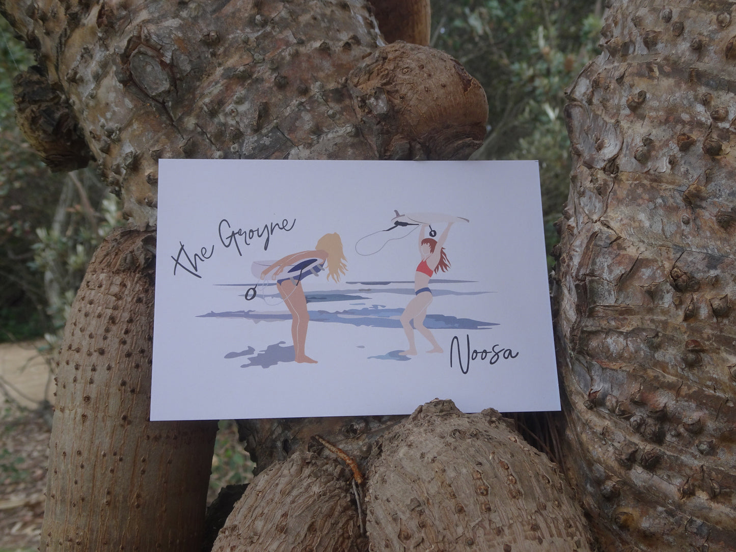 Teenage surfers, The Groyne Noosa, ecofriendly postcard
