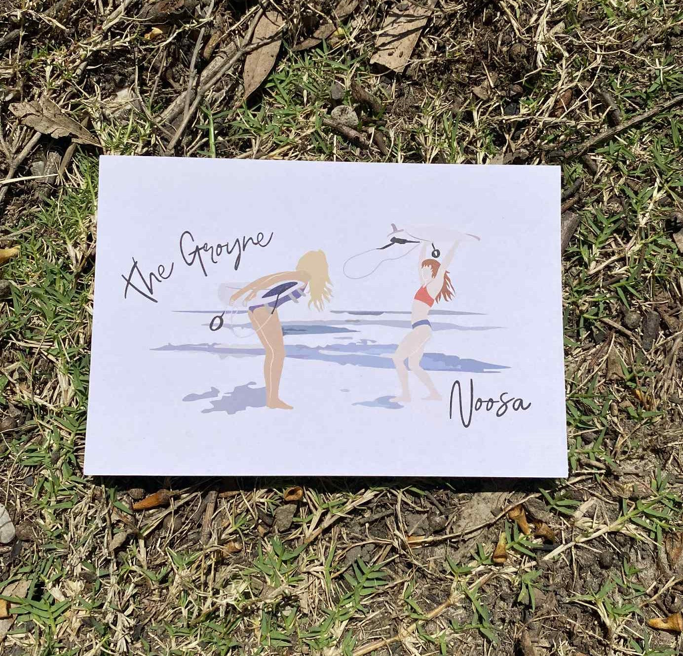 Teenage surfers, The Groyne Noosa, ecofriendly postcard
