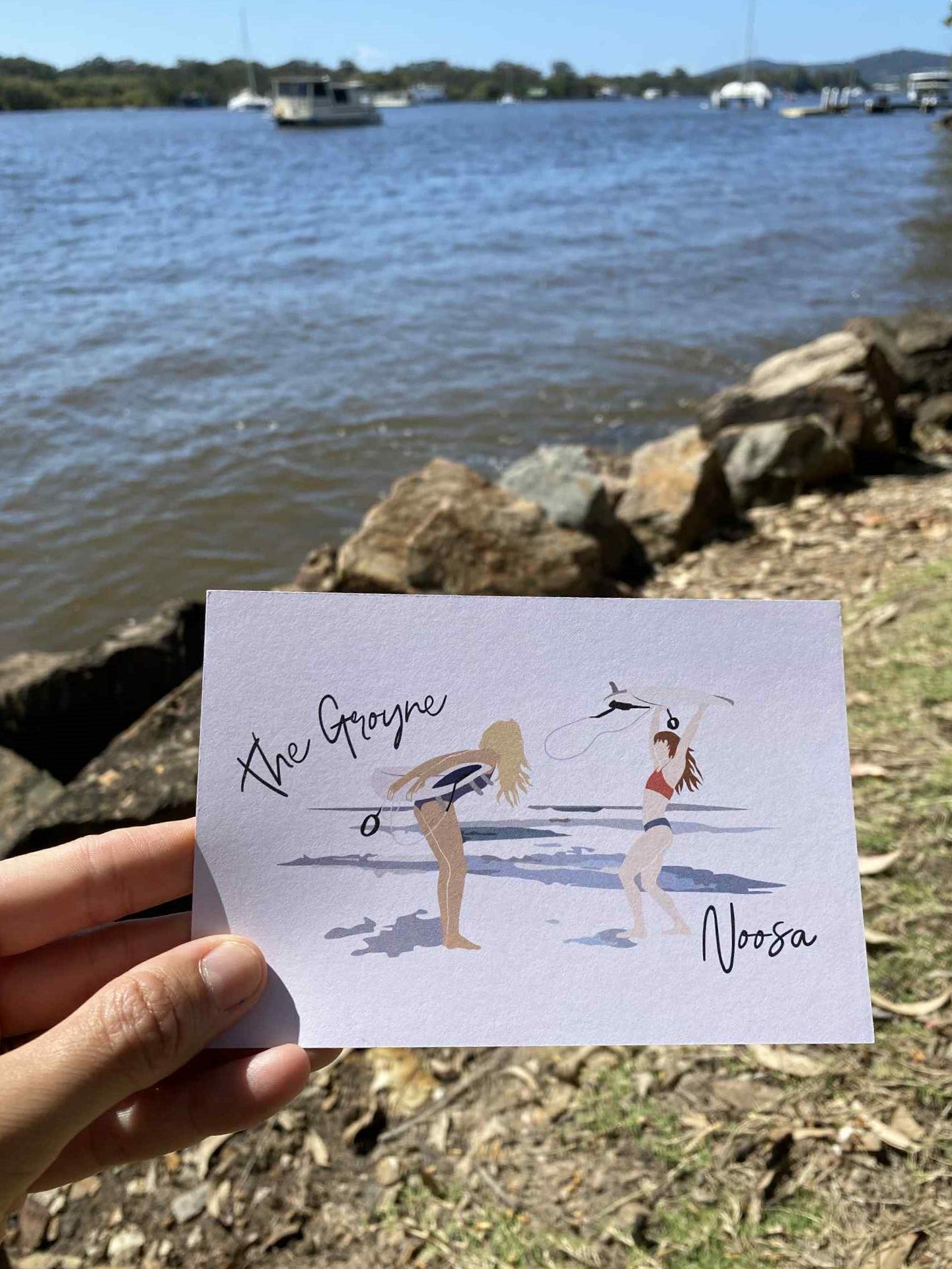 Teenage surfers, The Groyne Noosa, ecofriendly postcard