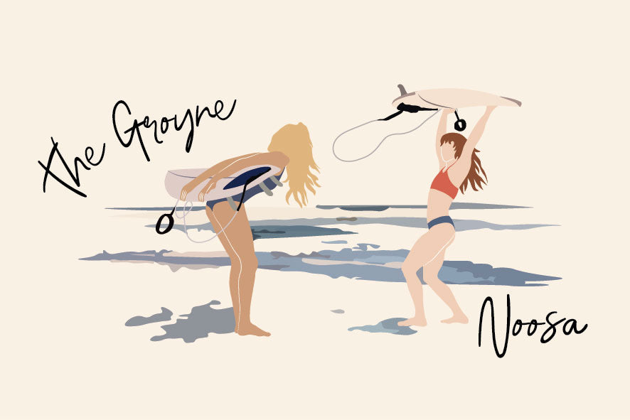 Teenage surfers, The Groyne Noosa, ecofriendly poster A4