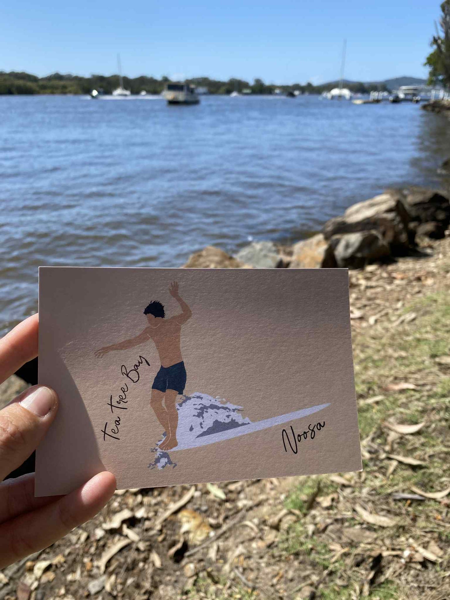 Toes on the nose, Tea Tree Bay Noosa, ecofriendly postcard
