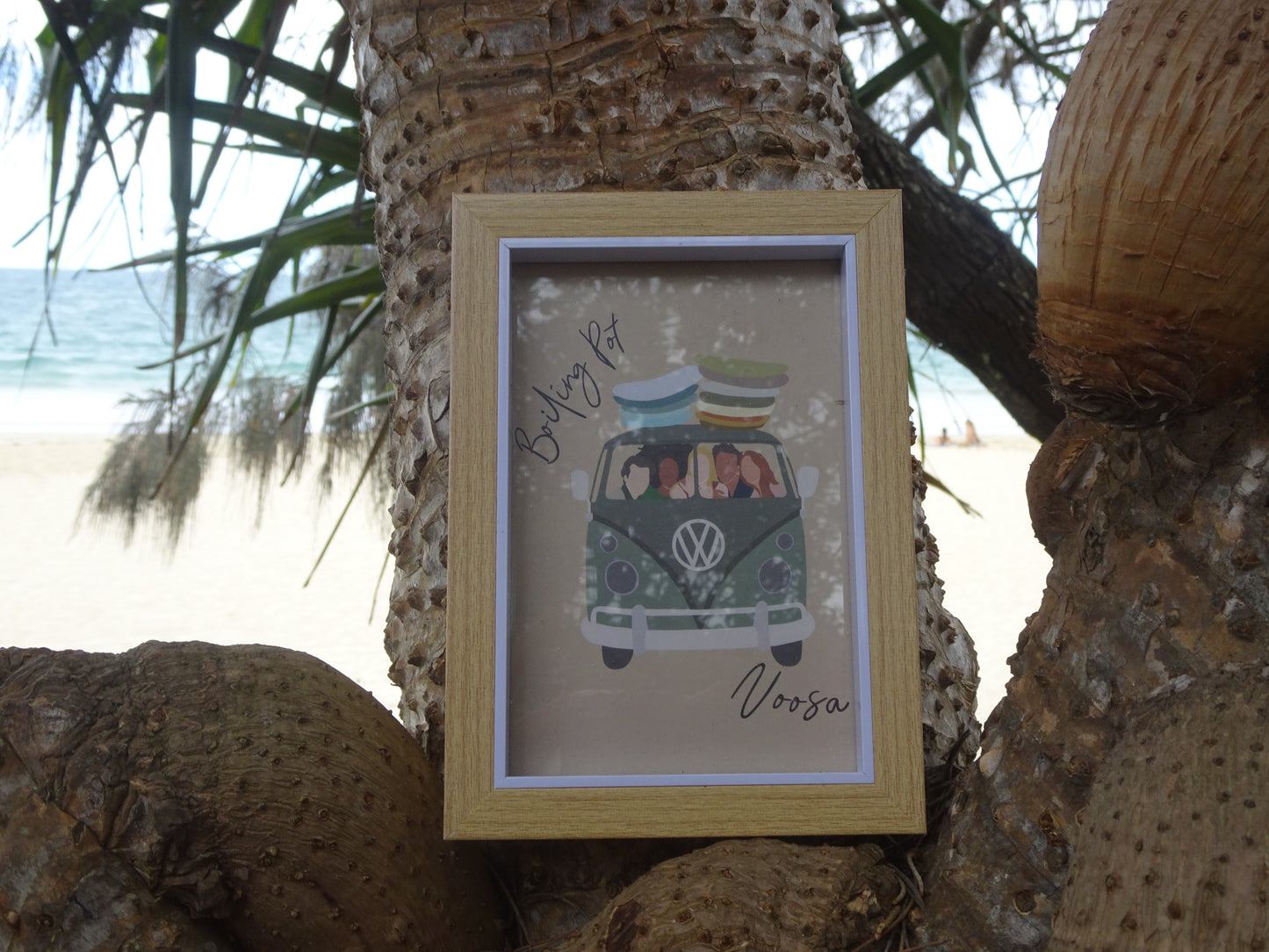 Volkswagen van with friends and surfboards, Boiling Point Noosa, ecofriendly postcard