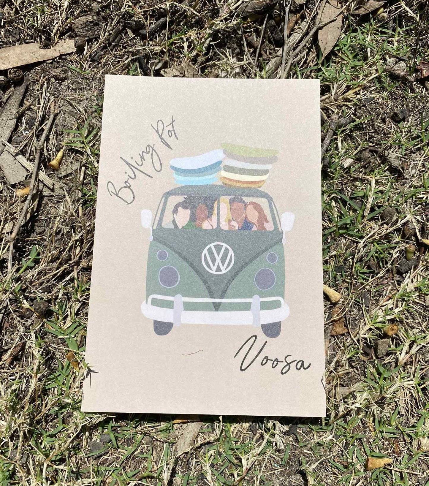 Volkswagen van with friends and surfboards, Boiling Point Noosa, ecofriendly postcard