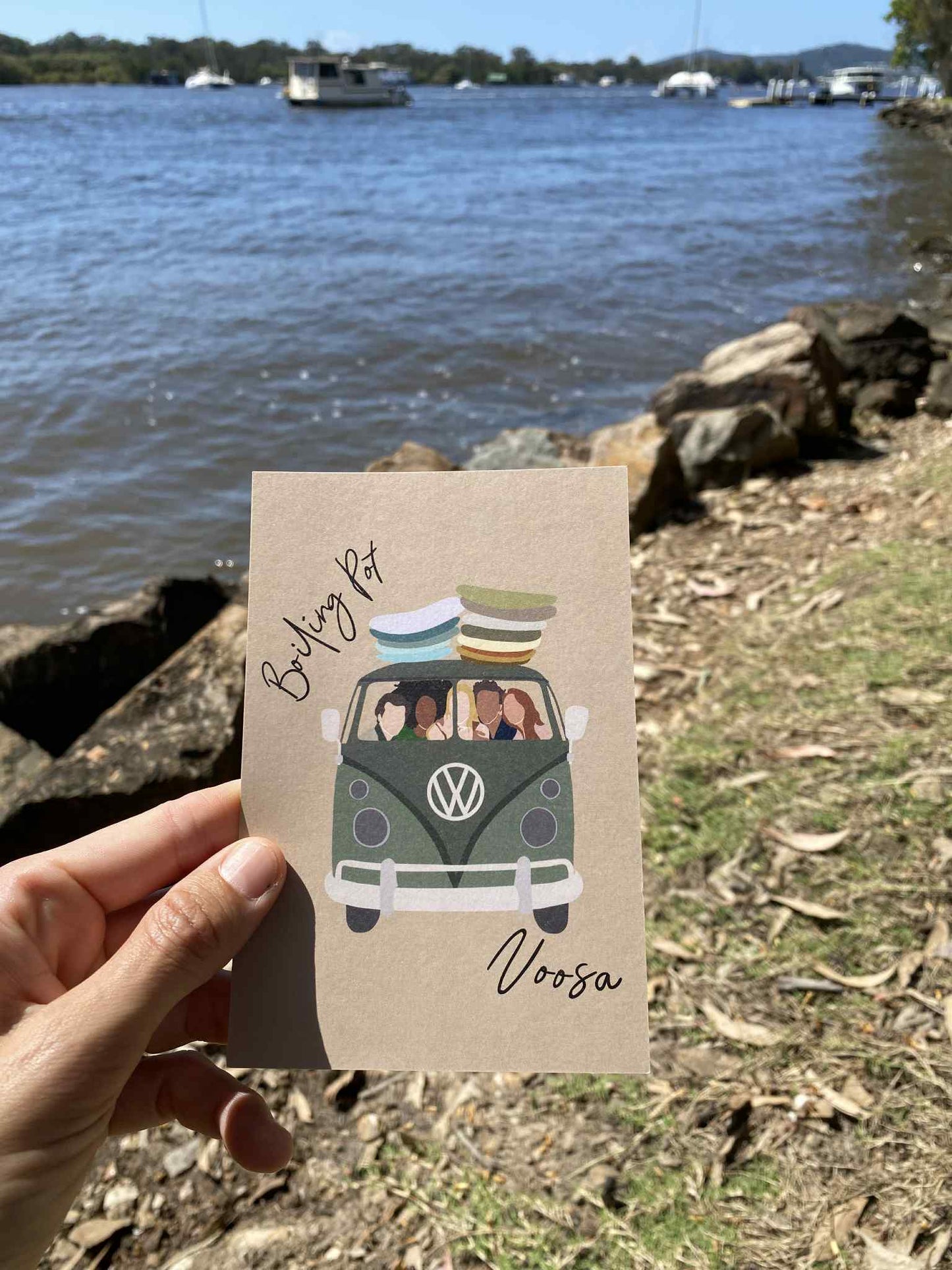 Volkswagen van with friends and surfboards, Boiling Point Noosa, ecofriendly postcard