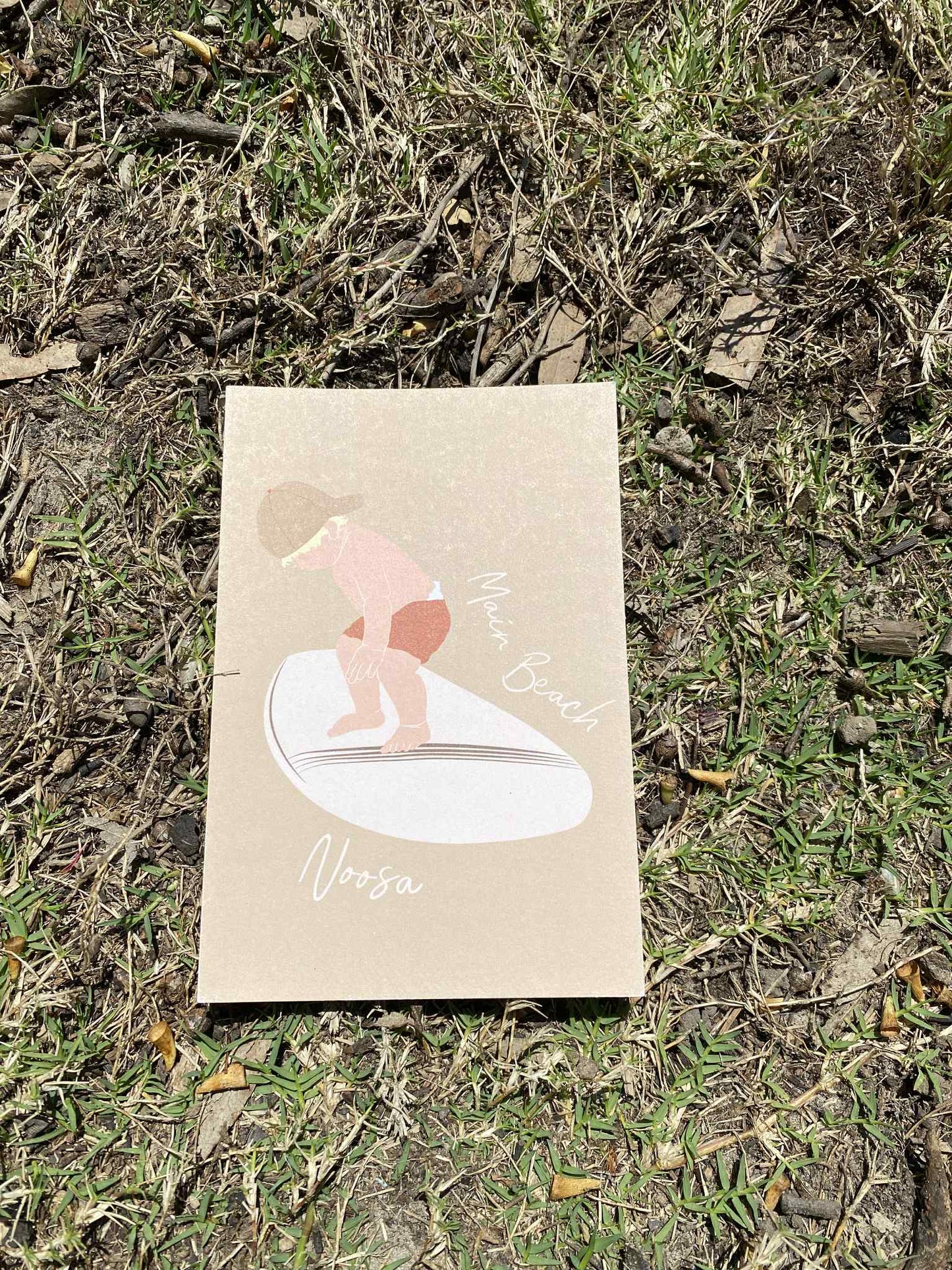 Toddler surfer, Main beach Noosa, ecofriendly postcard